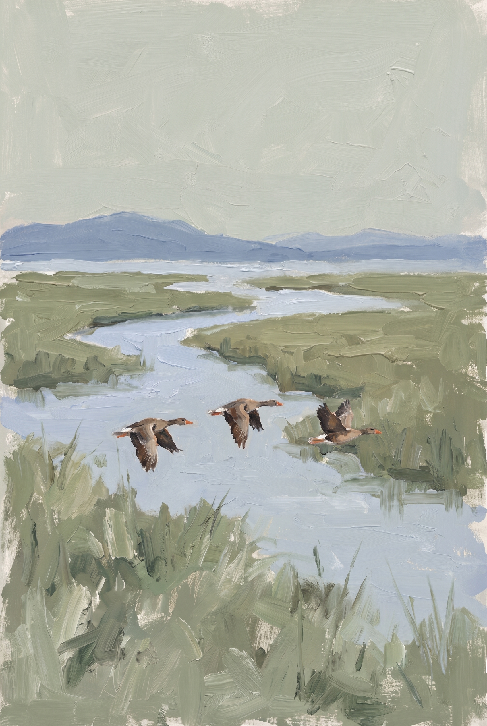Muted Sage Flying Geese Artwork - Marshland Flight