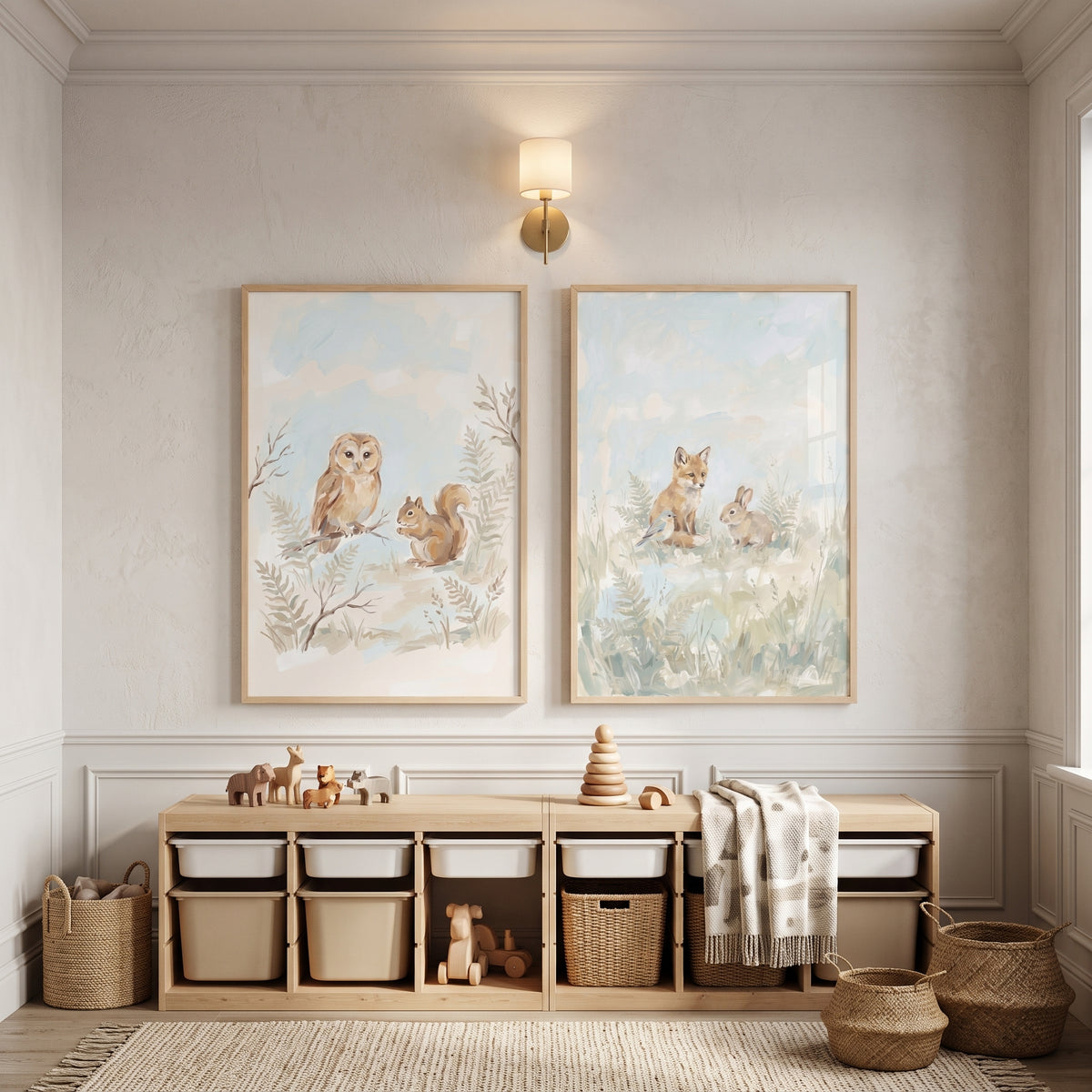 Muted Sage Forest Animals Wall Art Set of 2 - Serene Woodland Scenes
