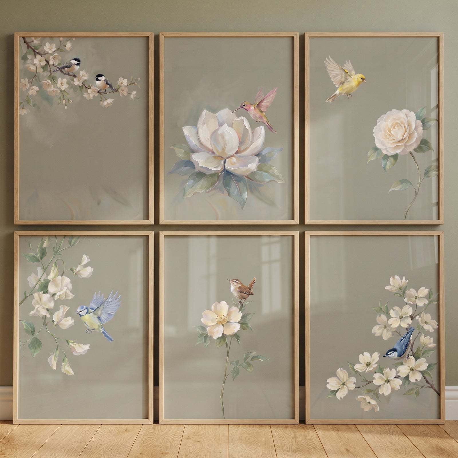 Muted sage garden bird floral wall art set of 6 features birds and flowers inside thin light wood frames.