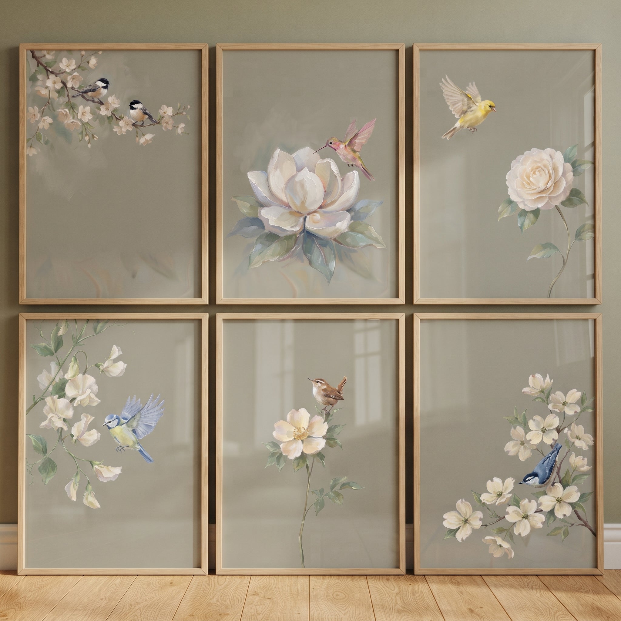 Muted Sage Garden Bird Floral Wall Art Set of 6 - Serene Avian Garden