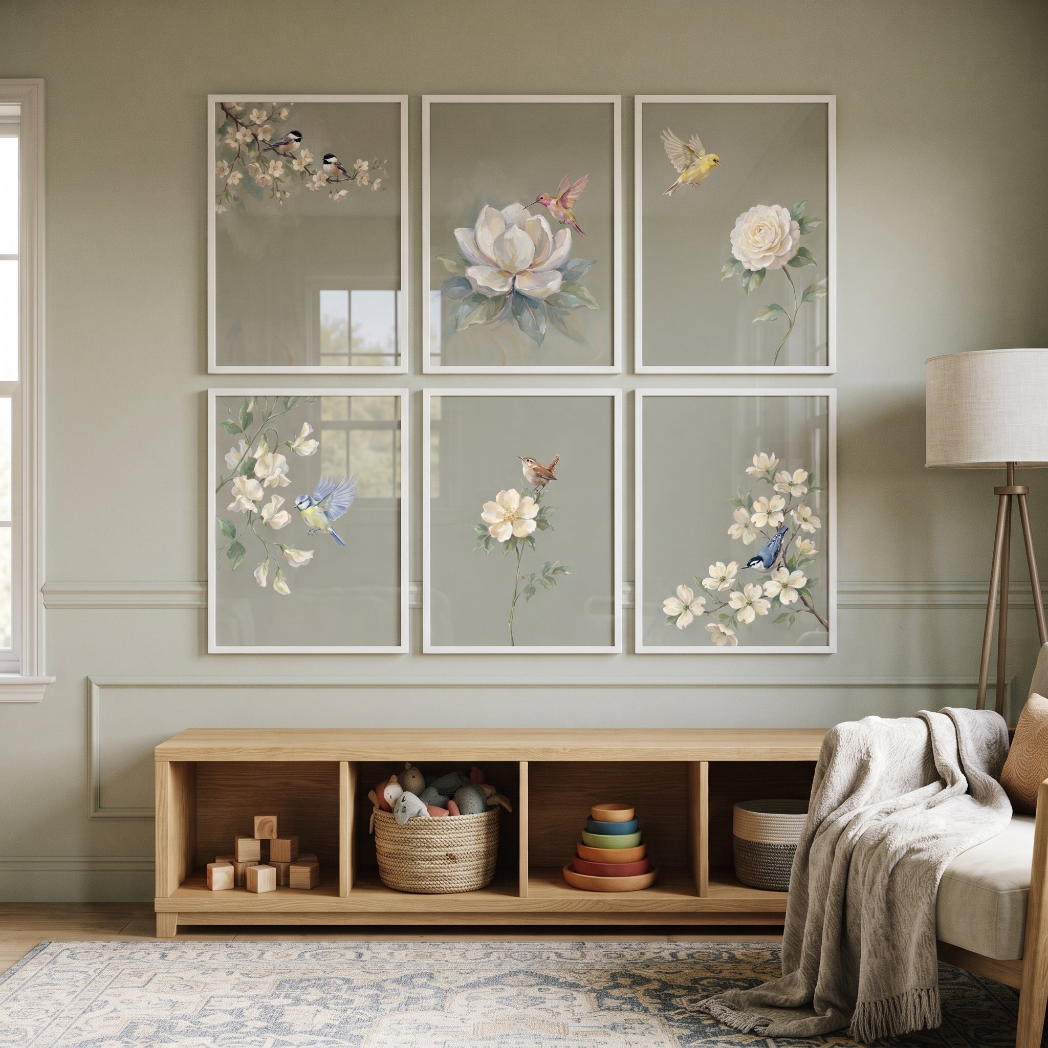 Muted Sage Garden Bird Floral Wall Art Set of 6 - Serene Avian Garden