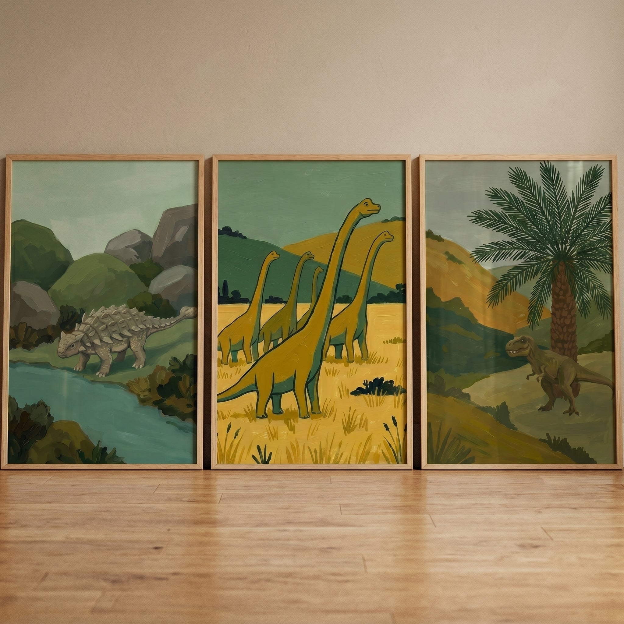 Muted Sage Green Dinosaur Wall Art Set of 3 - Ancient World Vistas