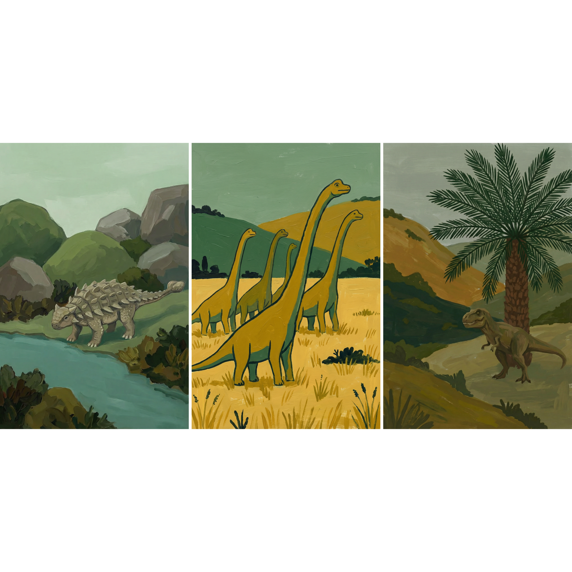Muted Sage Green Dinosaur Wall Art Set of 3 - Ancient World Vistas