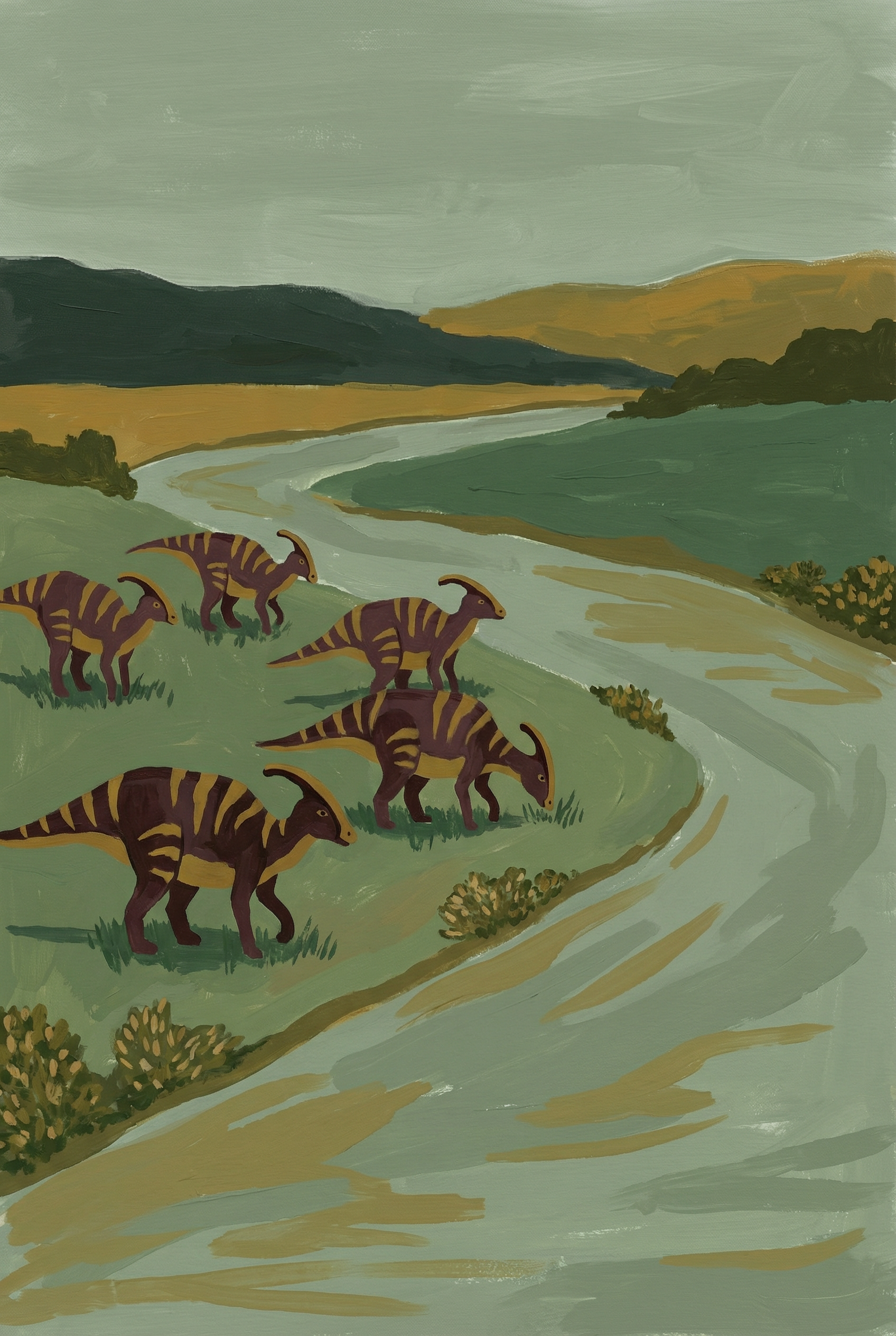 Muted Sage Green Dinosaur Wall Art - Ancient River Grazing