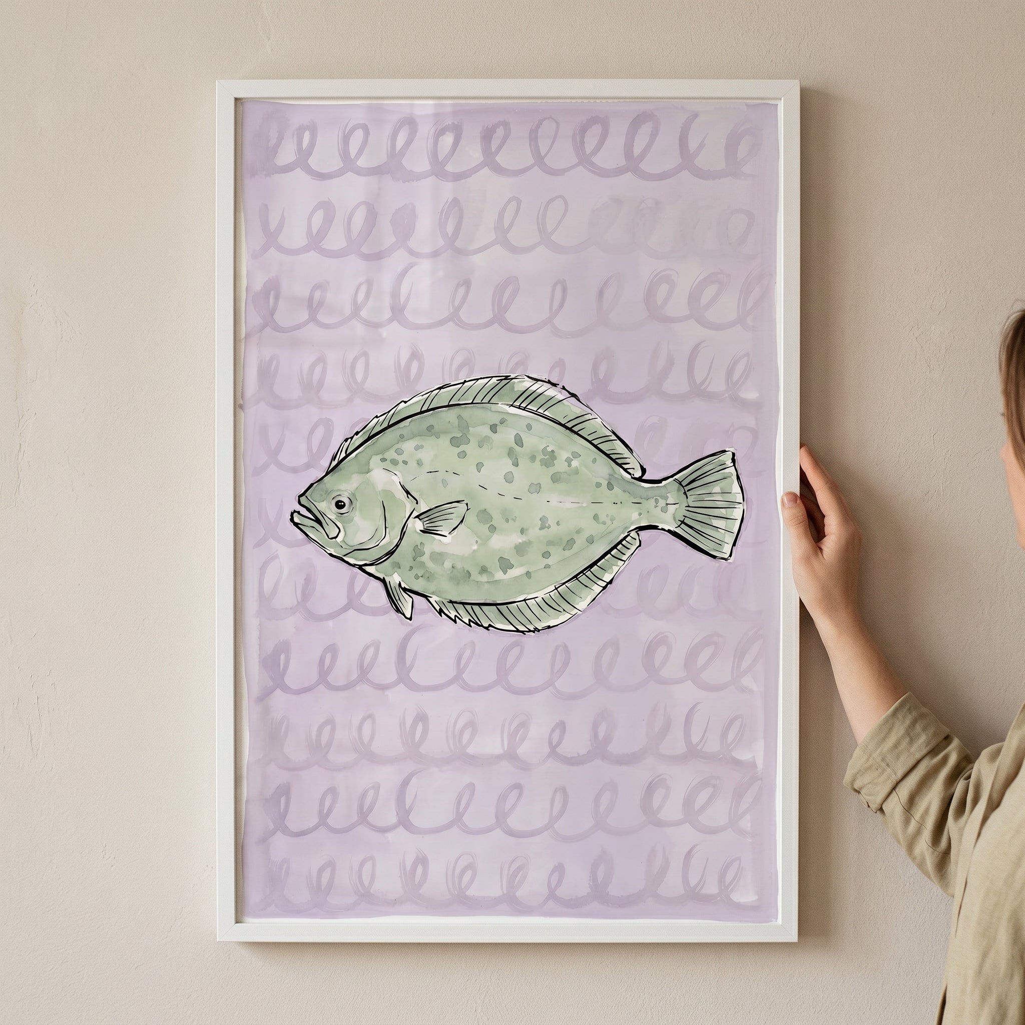 Muted Sage Green Flatfish Wall Art - Lavender Sea Flounder