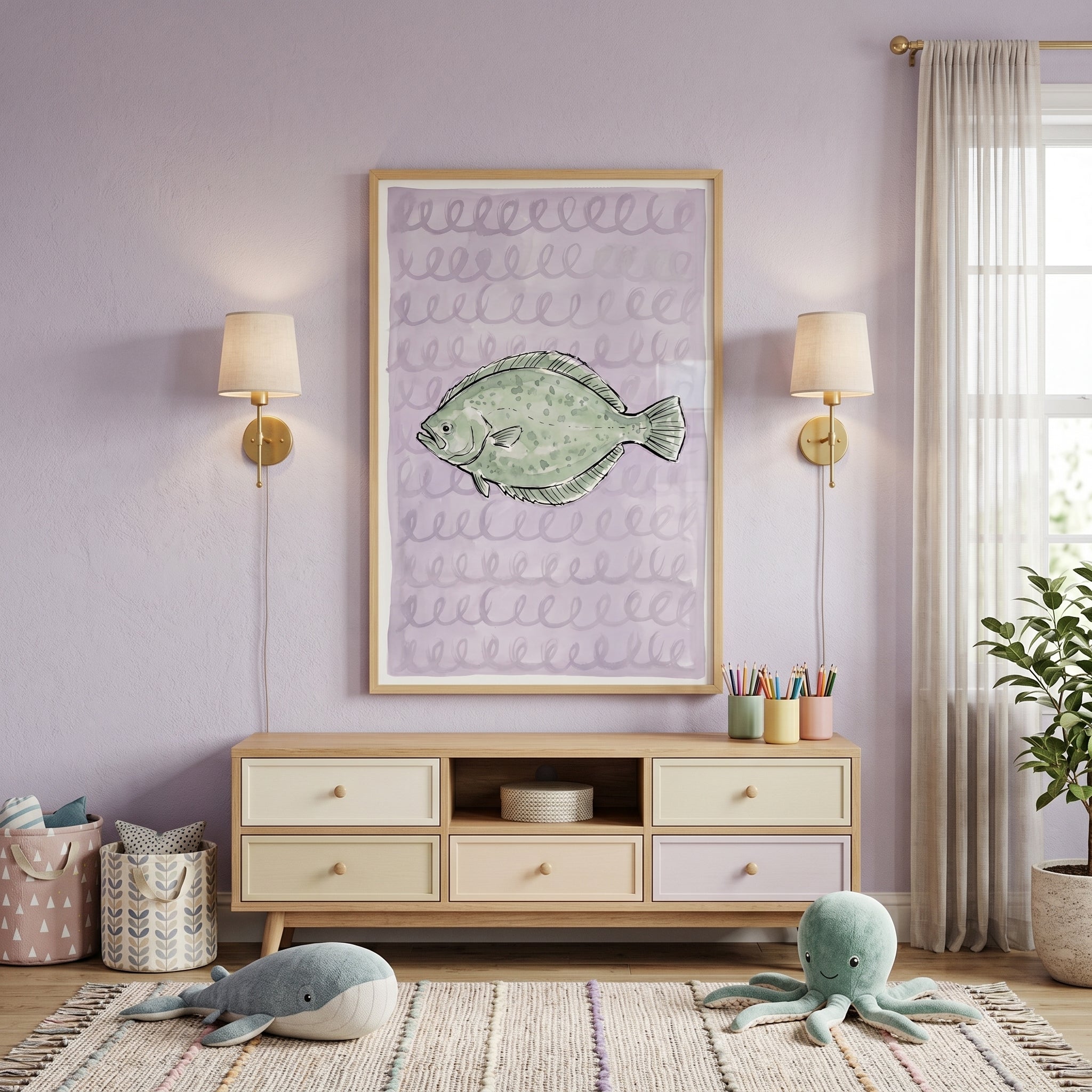 Muted Sage Green Flatfish Wall Art - Lavender Sea Flounder