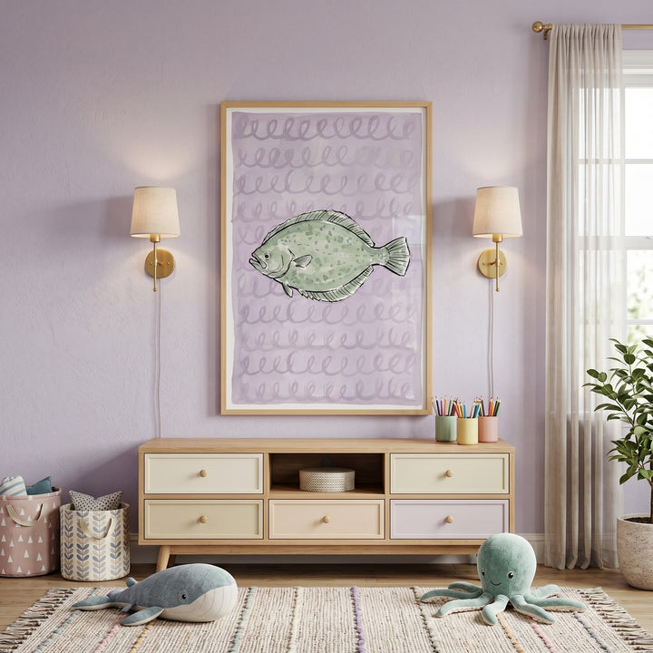 Lavender walls feature muted sage green flatfish wall art above a wooden console with whale and octopus toys on the rug.