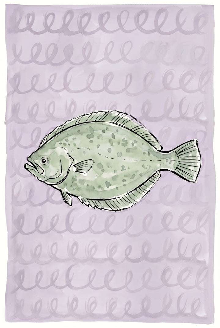 Muted sage green flatfish wall art on a lavender background with repeating purple loop patterns.
