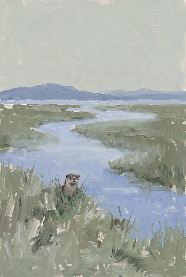 An otter peeks from tall grass in this muted sage green otter artwork with a winding blue river and mountain view.