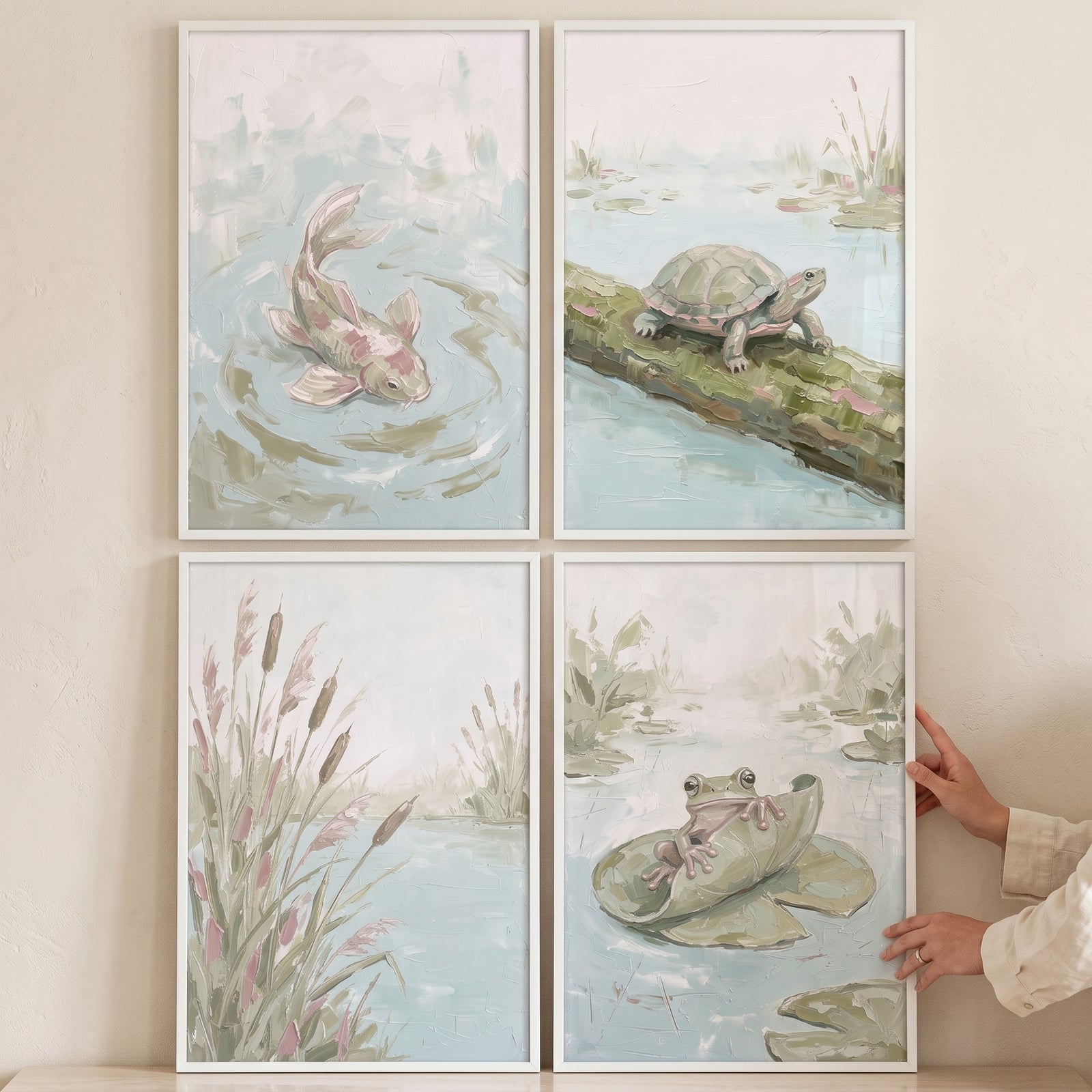 Muted sage green pond animals set of 4 framed art pieces featuring a fish, turtle, cattails, and a frog.