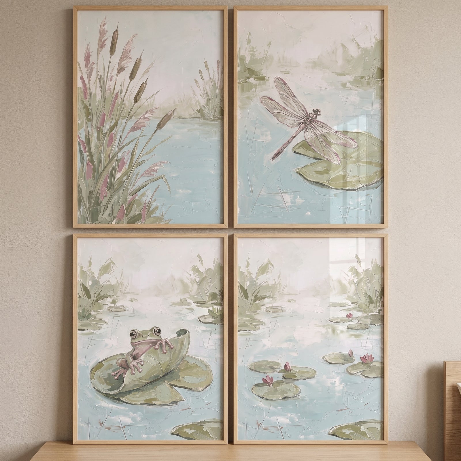 Muted sage green pond wall art set of 4 featuring watercolor scenes of a frog, dragonfly, lily pads, and cattails.