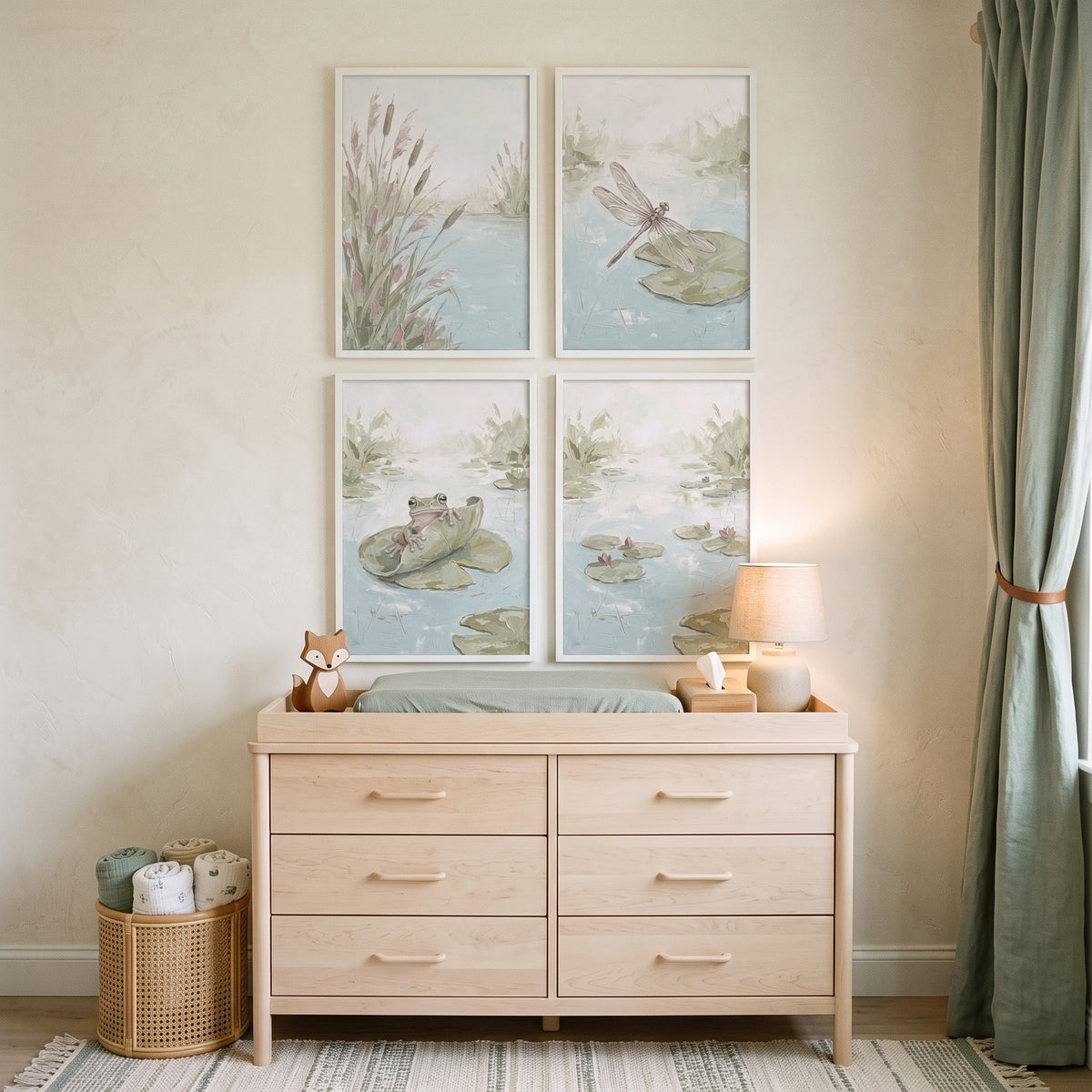 Muted Sage Green Pond Wall Art Set Of 4 - Soft Water Garden