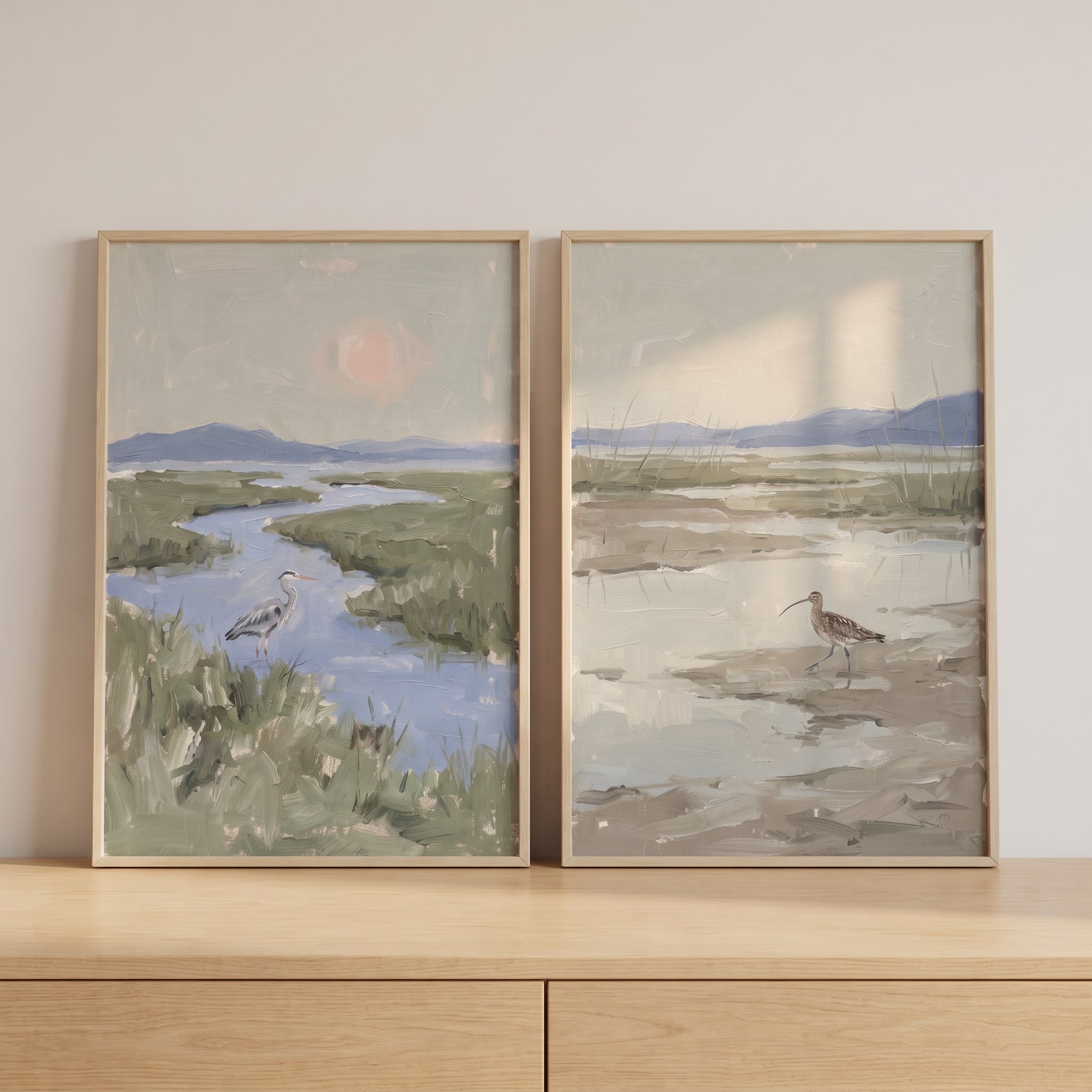 Muted Sage Green Shorebird Wall Art Set of 2 - Serene Wetland Life