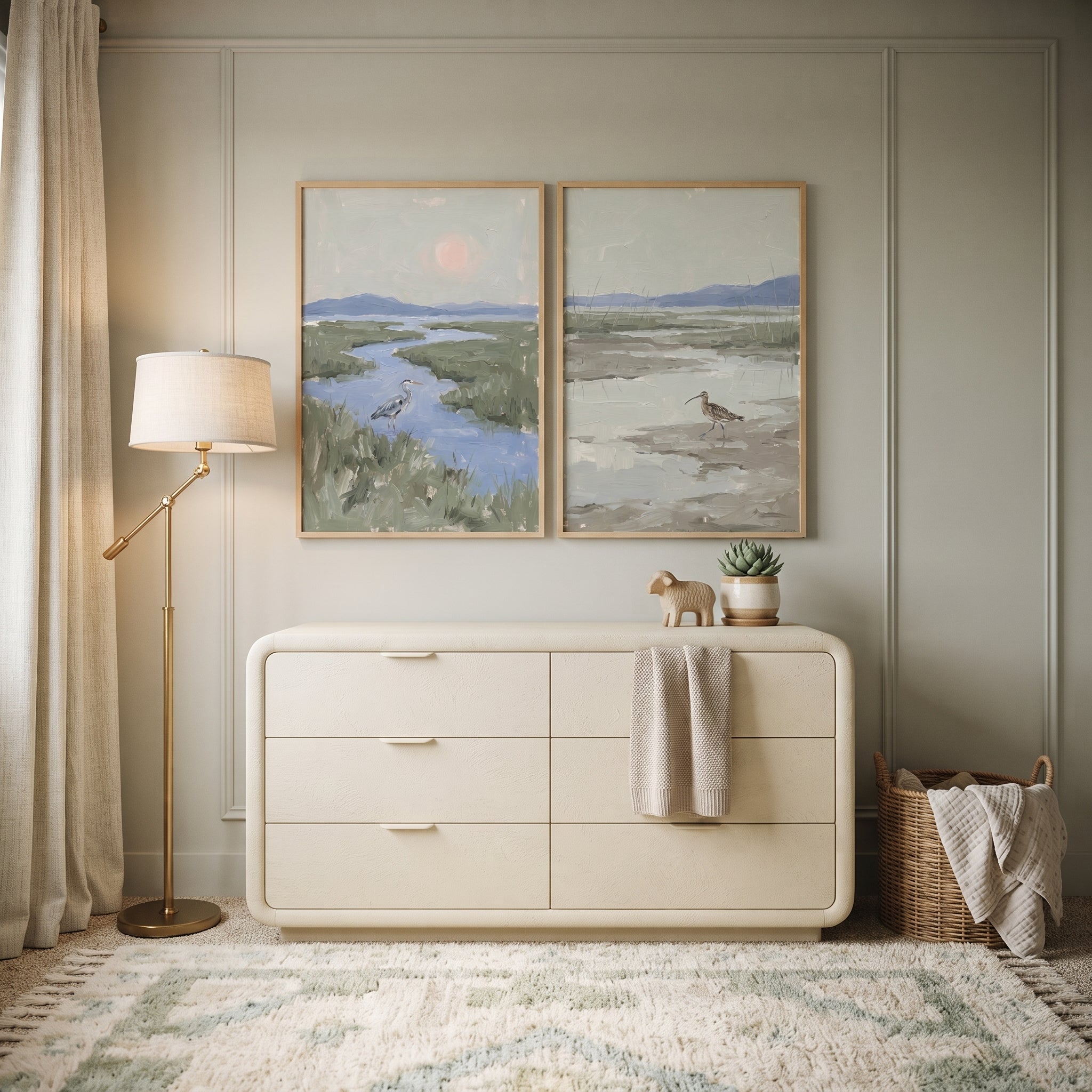 Muted Sage Green Shorebird Wall Art Set of 2 - Serene Wetland Life
