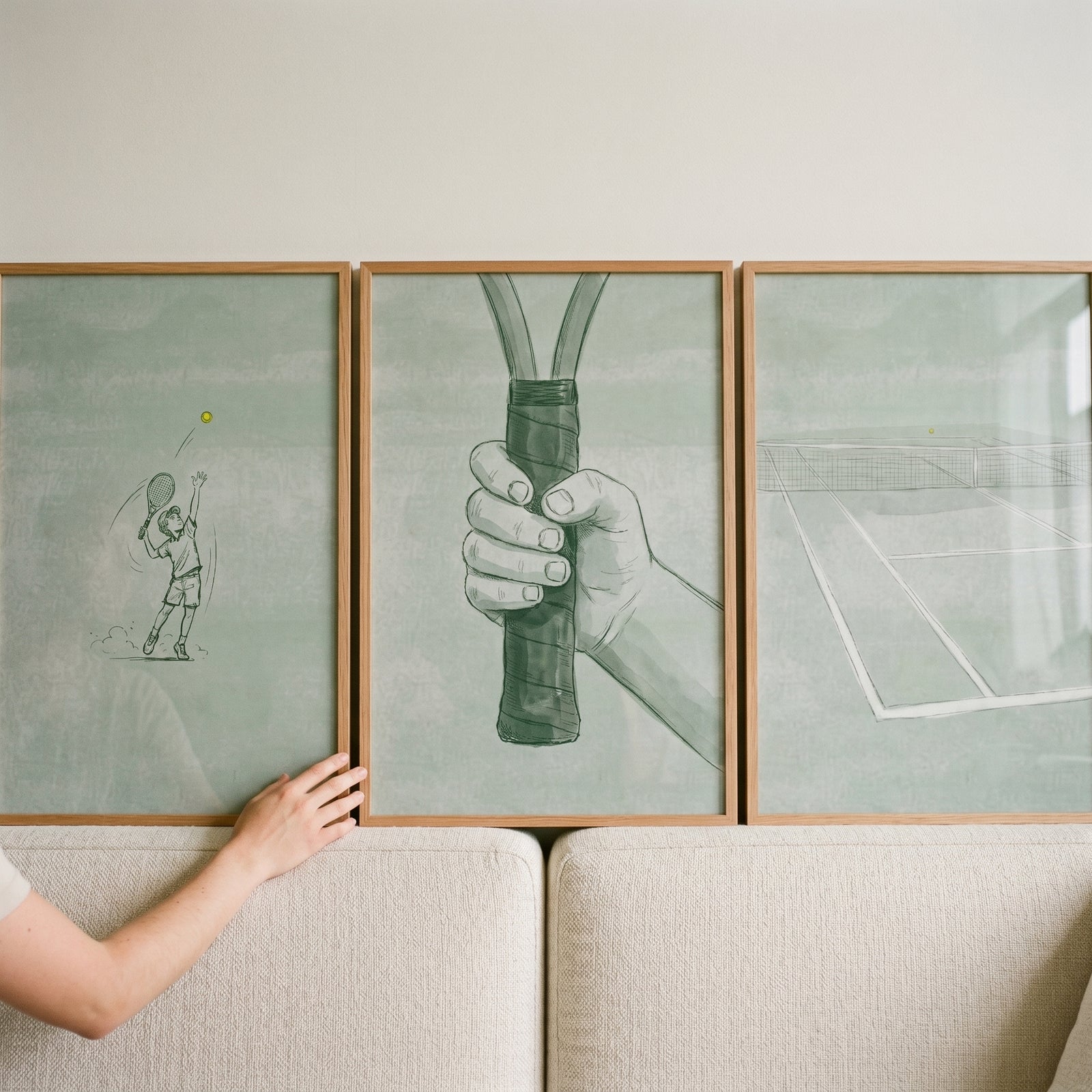 Hand adjusts a muted sage green tennis wall art set of 3 showing a player, racket handle, and a court above a sofa.