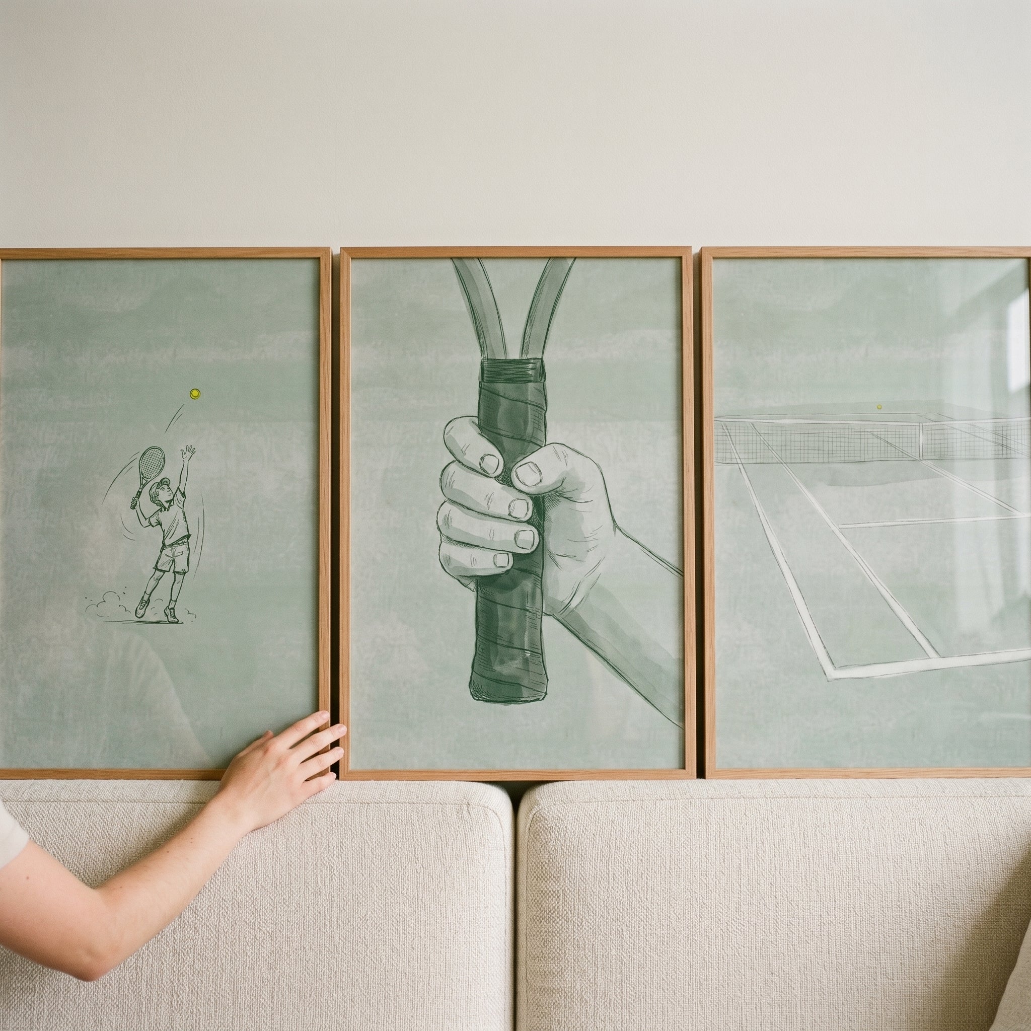 Muted Sage Green Tennis Wall Art Set of 3 - Match Point Study