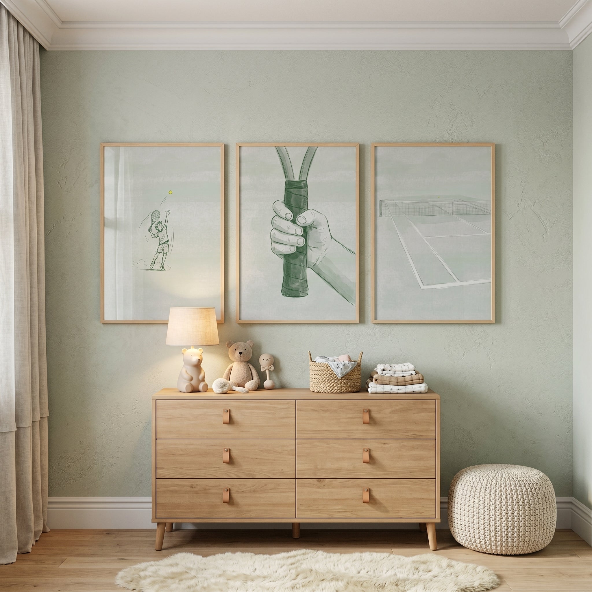 Muted Sage Green Tennis Wall Art Set of 3 - Match Point Study