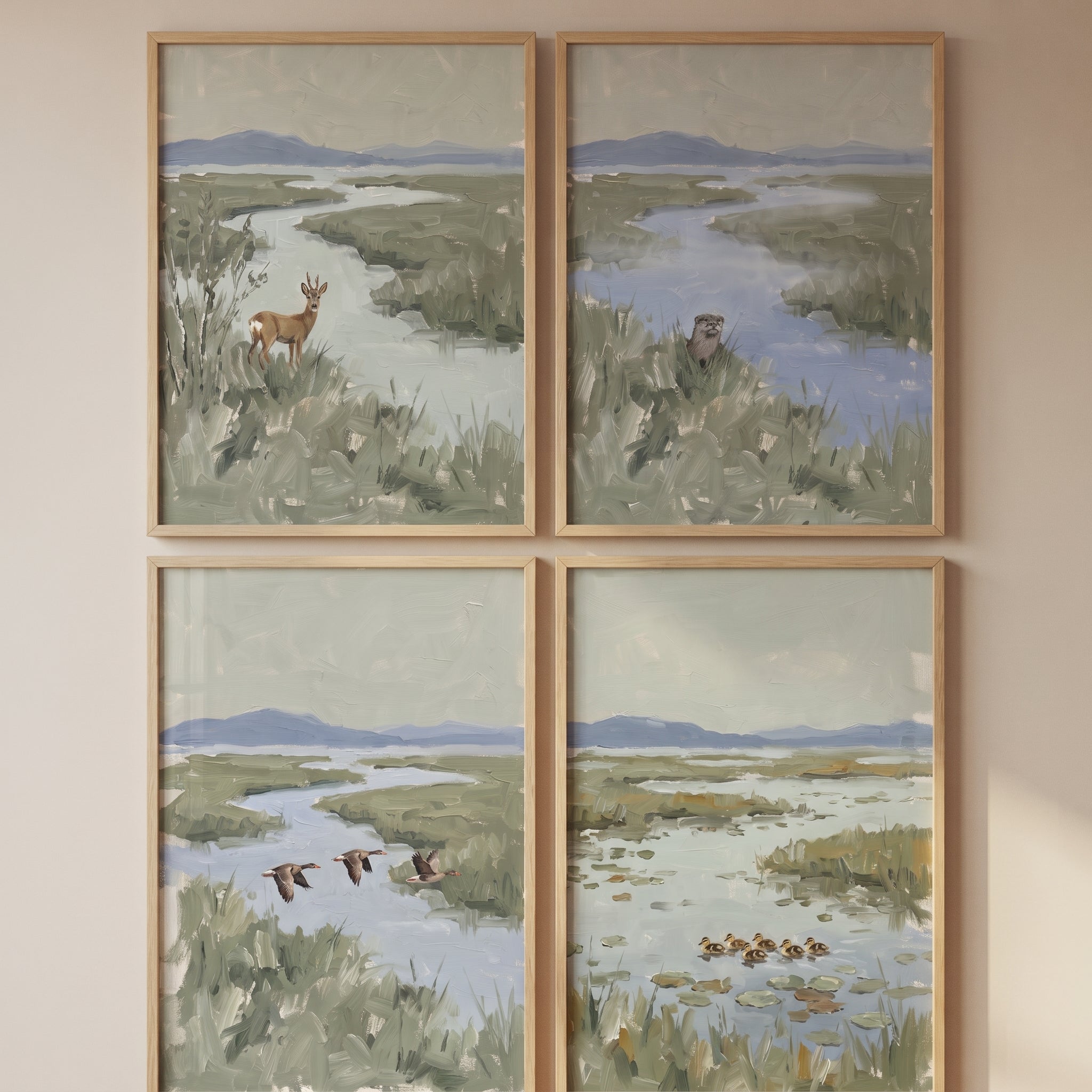 Muted Sage Green Wetland Animals Wall Art Set of 4 - Wetland Wildlife