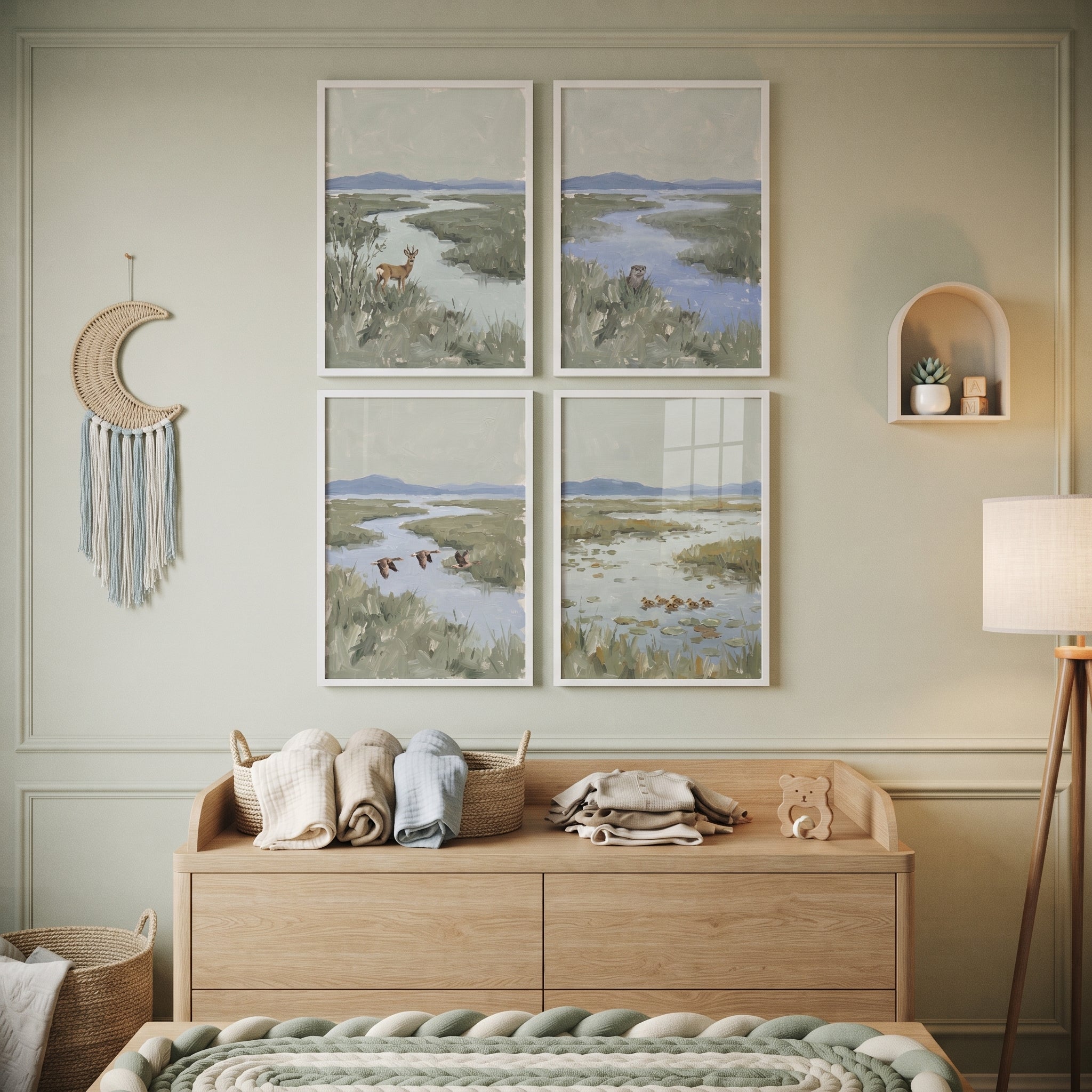Muted Sage Green Wetland Animals Wall Art Set of 4 - Wetland Wildlife