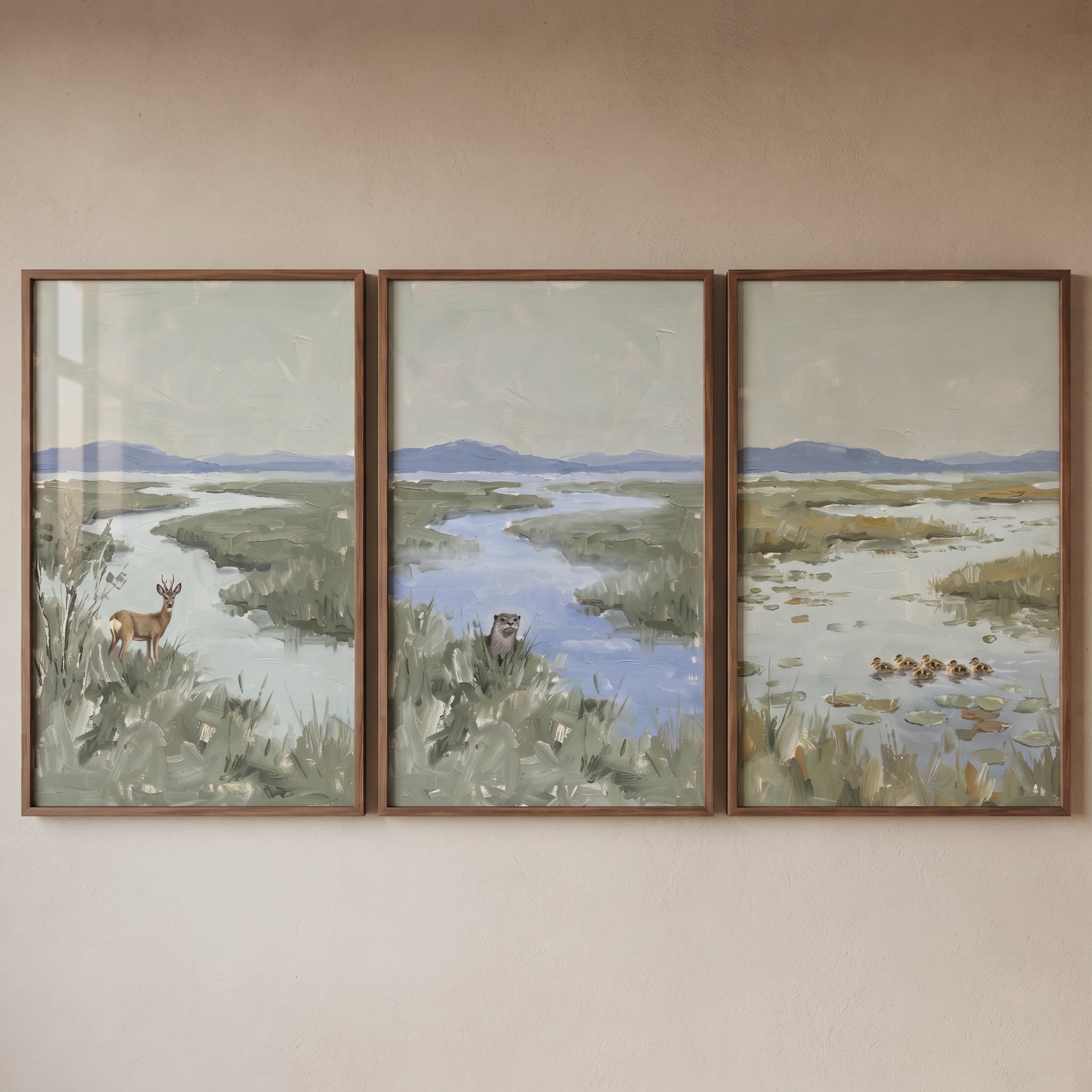Muted Sage Green Wildlife Animals Wall Art Set of 3 - Nature's Quiet Marsh