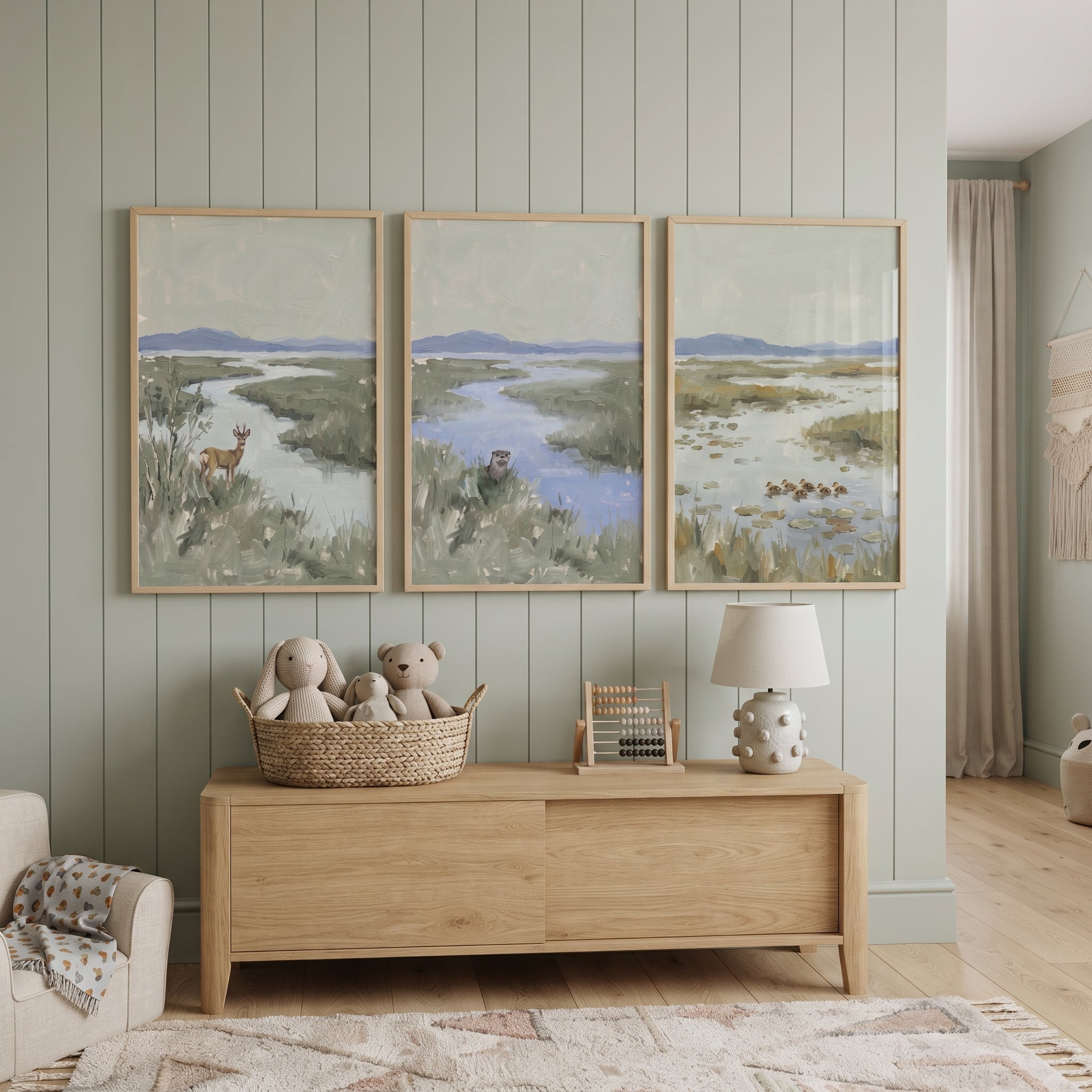 Muted Sage Green Wildlife Animals Wall Art Set of 3 - Nature's Quiet Marsh