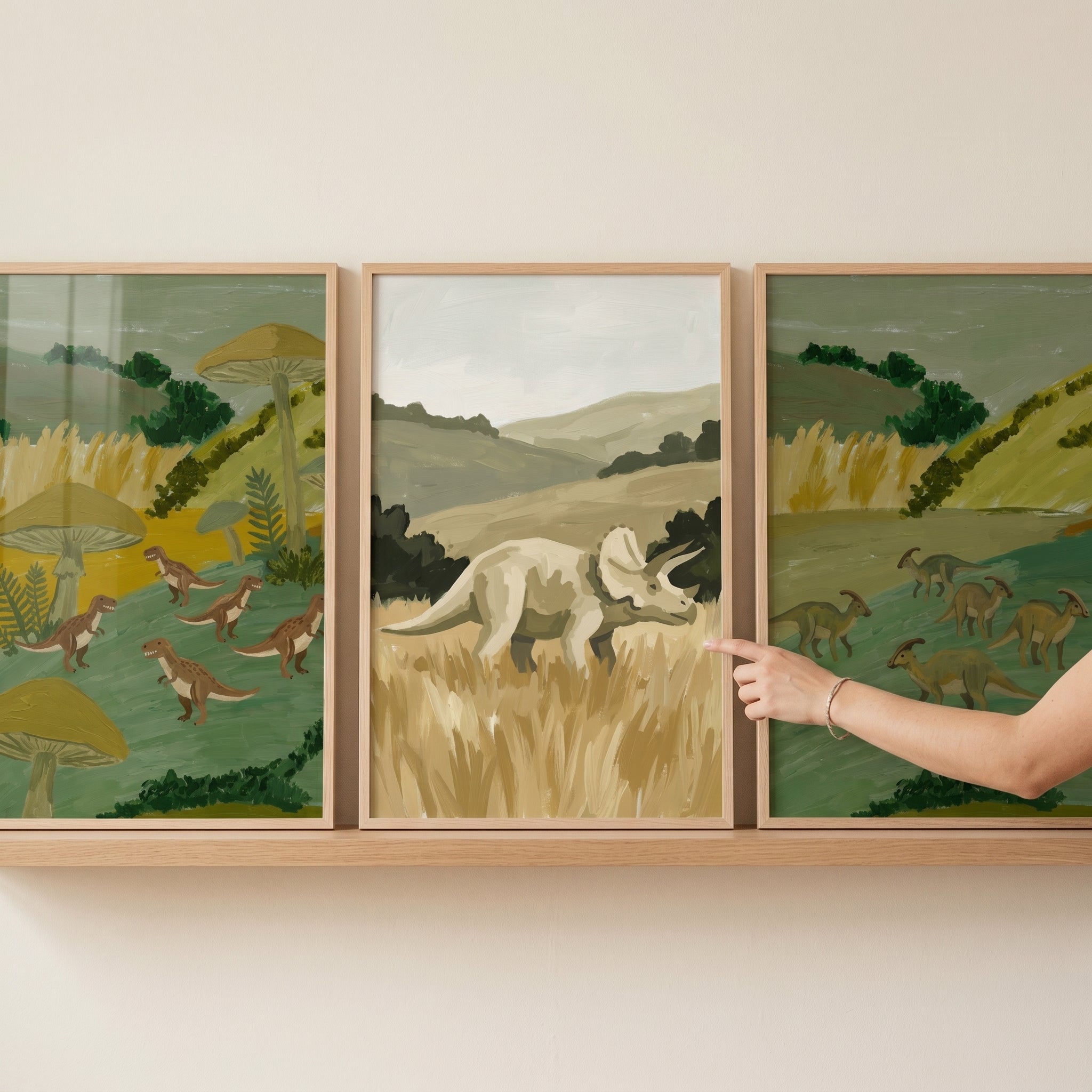 Muted Sage Landscape Dinosaur Wall Art Set of 3 - Prehistoric Meadow Life