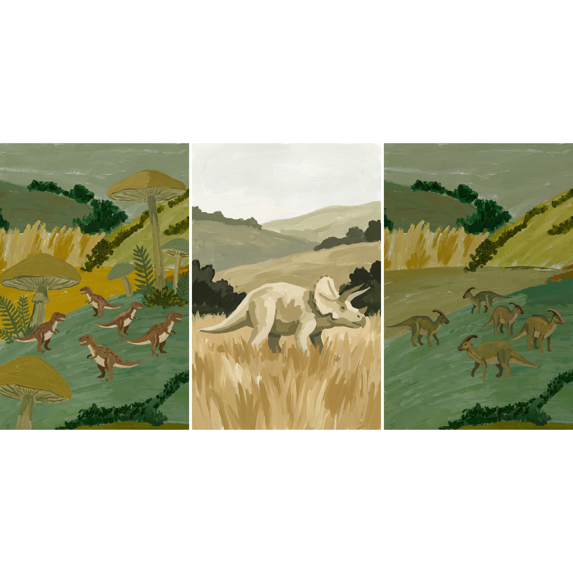 Muted Sage Landscape Dinosaur Wall Art Set of 3 - Prehistoric Meadow Life