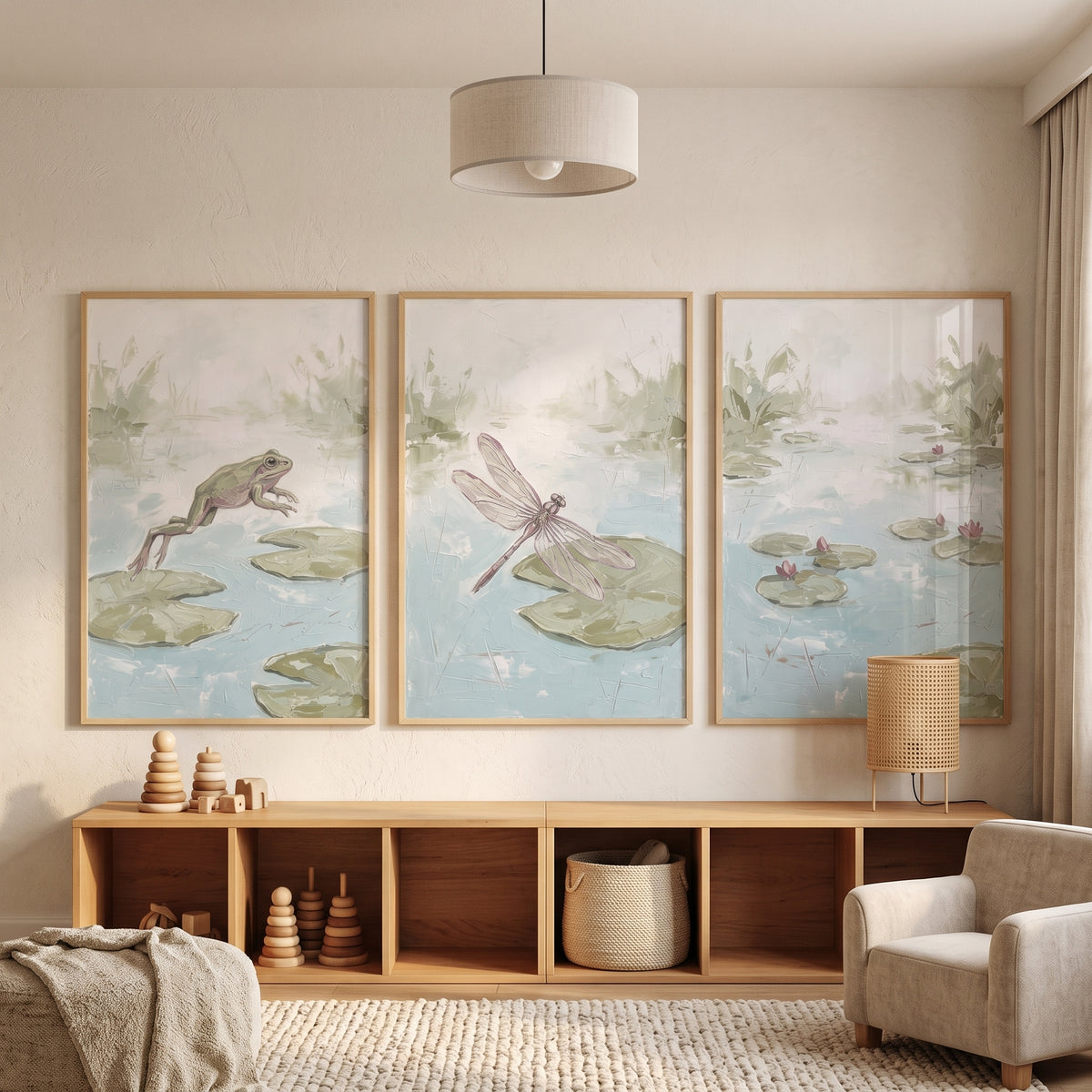 Muted Sage Lily Pond Wall Art Set Of 3 - Misty Pond Trio