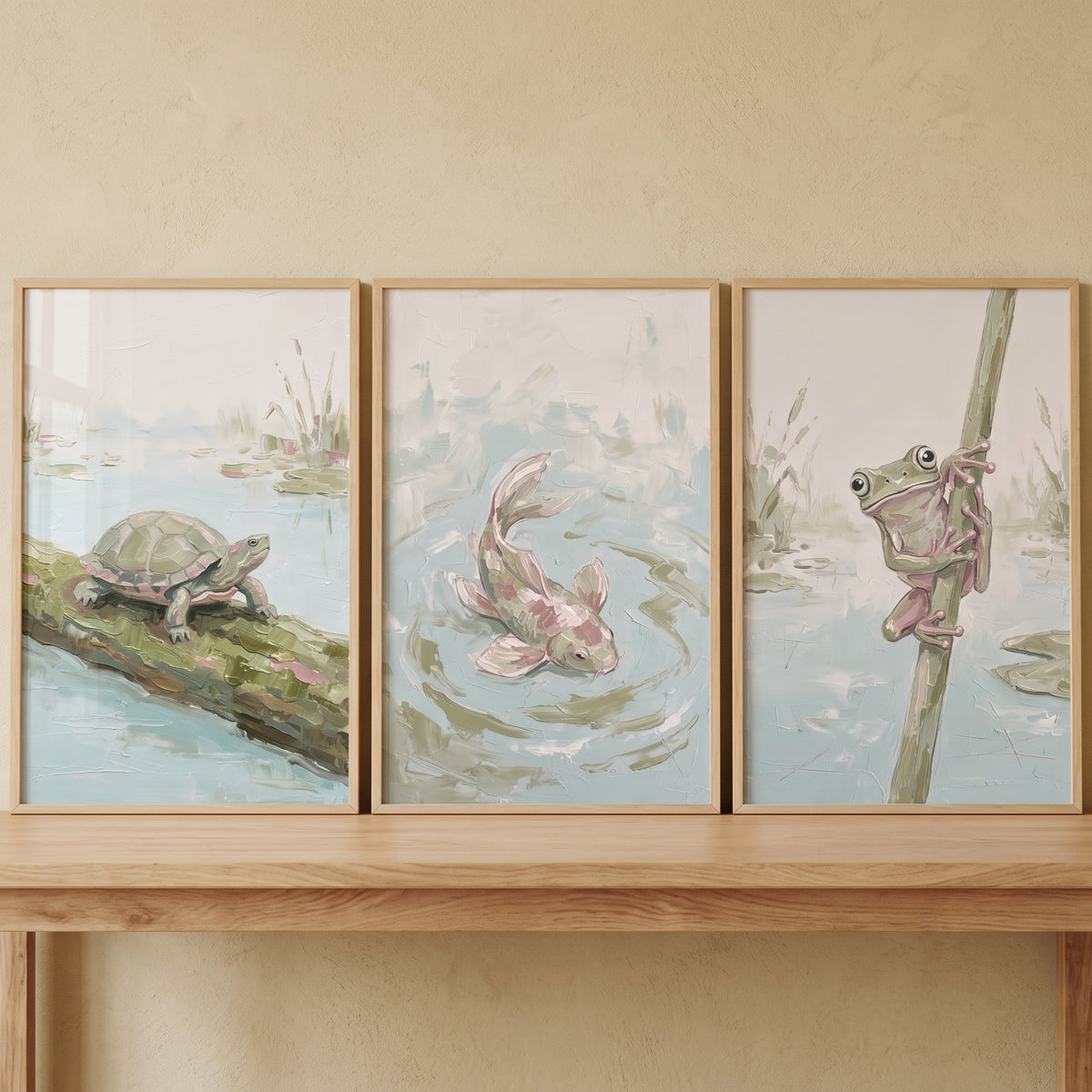 Muted Sage Marsh Animals Wall Art Set of 3 - Peaceful Pond Pals