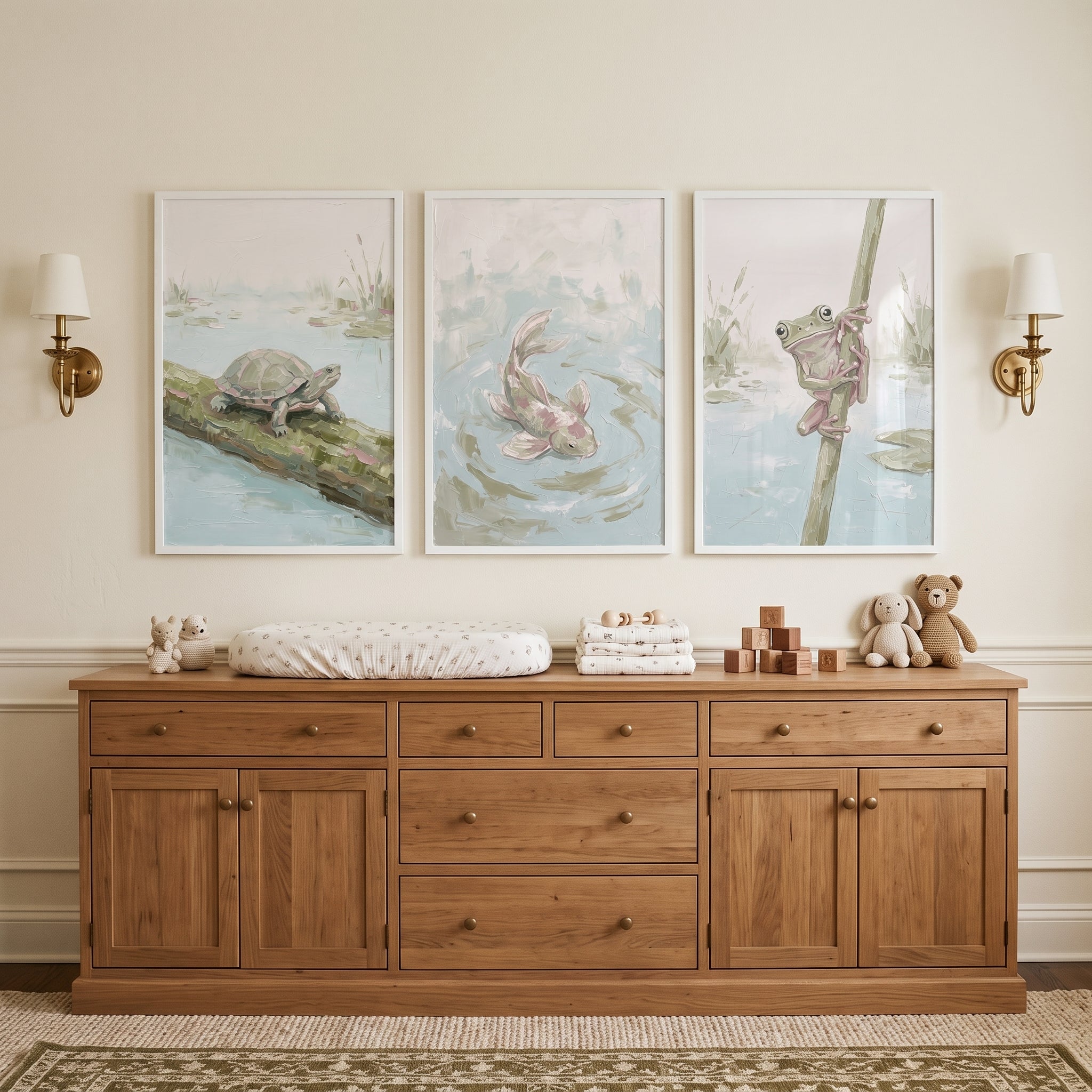 Muted Sage Marsh Animals Wall Art Set of 3 - Peaceful Pond Pals