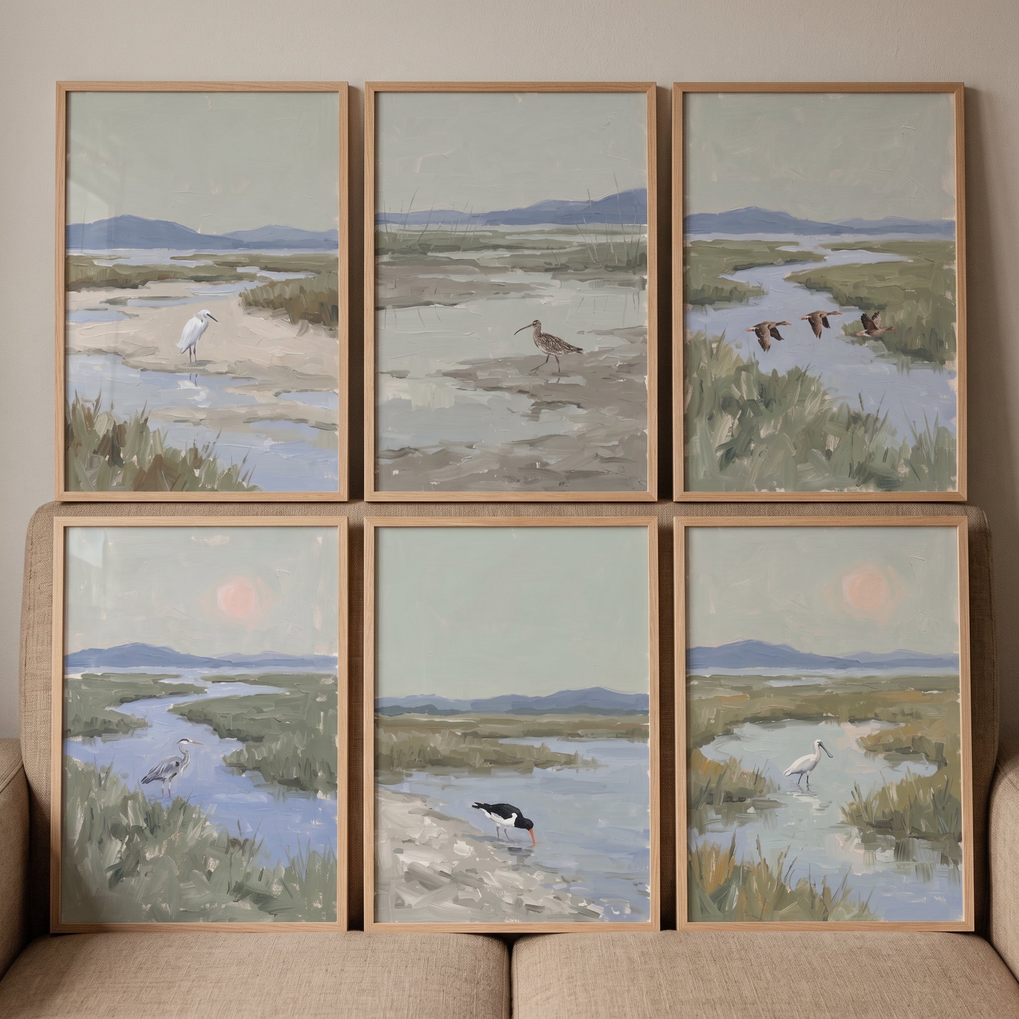 Muted Sage Marsh Bird Wall Art Set of 6 - Serene Marsh Birds