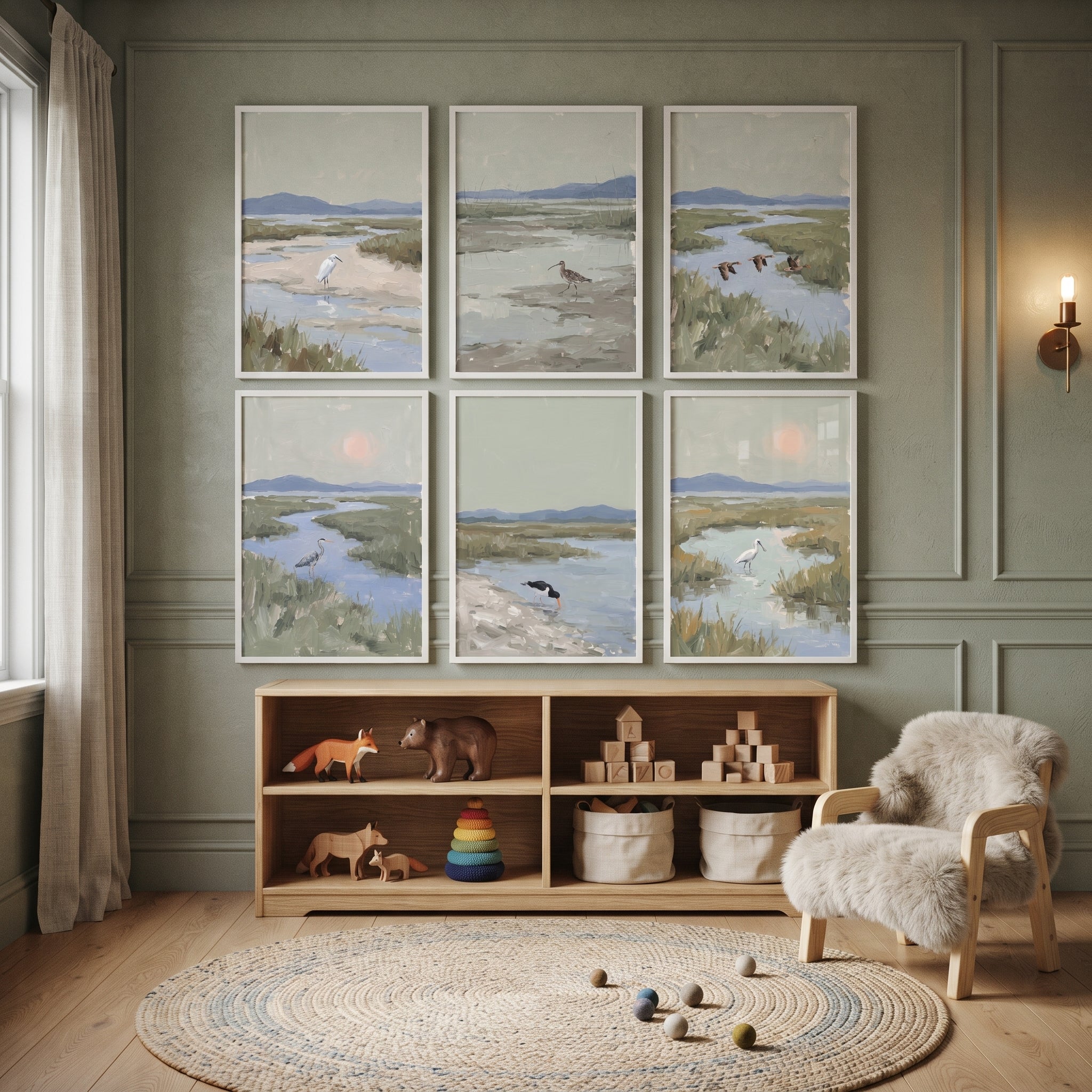 Muted Sage Marsh Bird Wall Art Set of 6 - Serene Marsh Birds