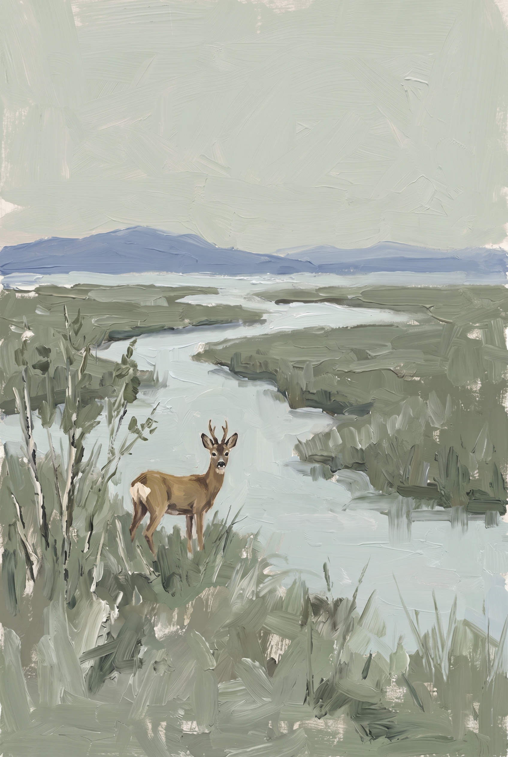 Muted Sage Marsh Buck Wall Art - Muted River Stag