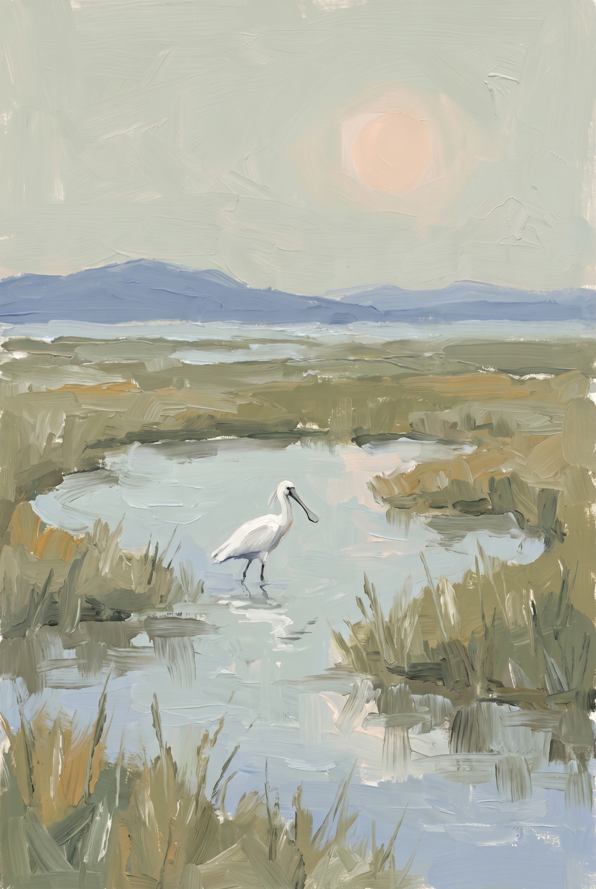 Muted Sage Marsh Spoonbill Bird Wall Art - Serene Marsh Morning