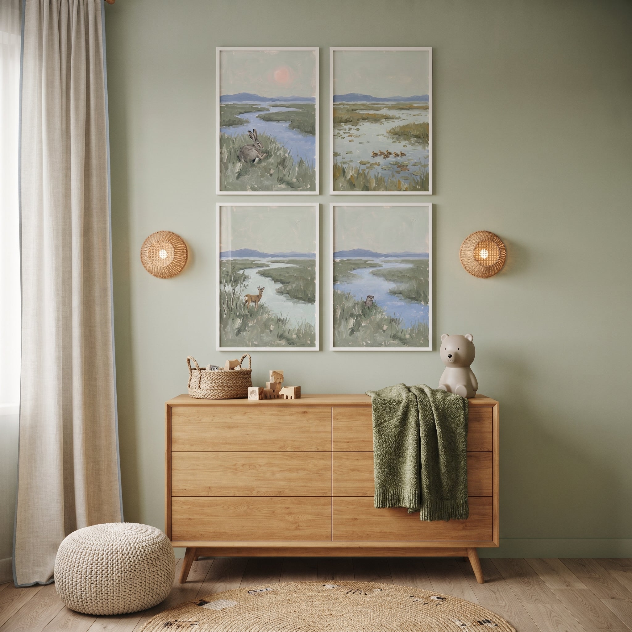 Muted Sage Marsh Wildlife Animals Wall Art Set of 4 - Quiet Marsh Life