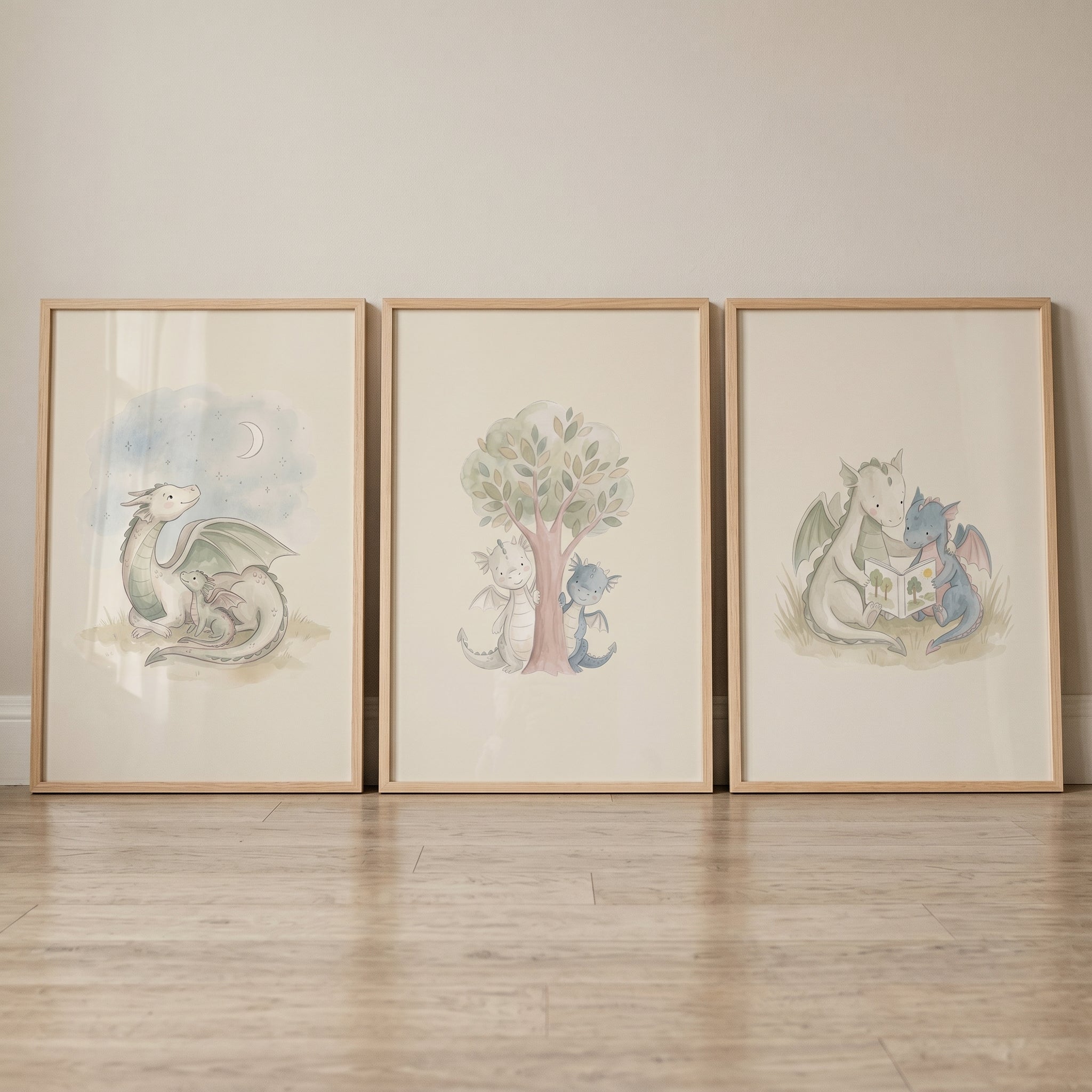 Muted Sage Mythical Dragons Wall Art Set of 3 - Gentle Dragon Friends