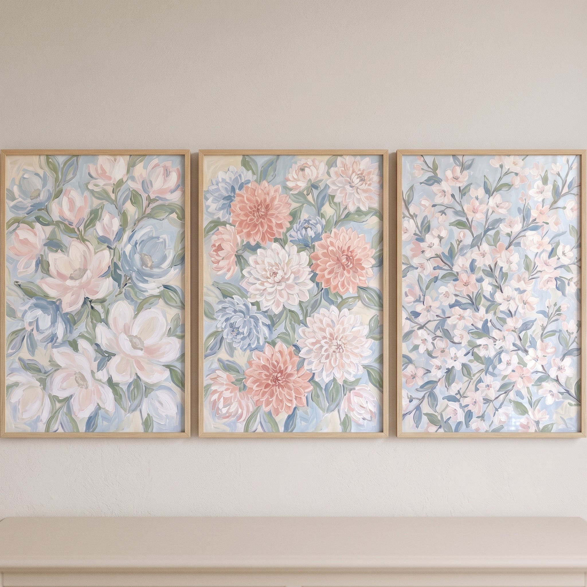 Muted Sage Pastel Floral Wall Art Set of 3 - Soft Bloom Trio