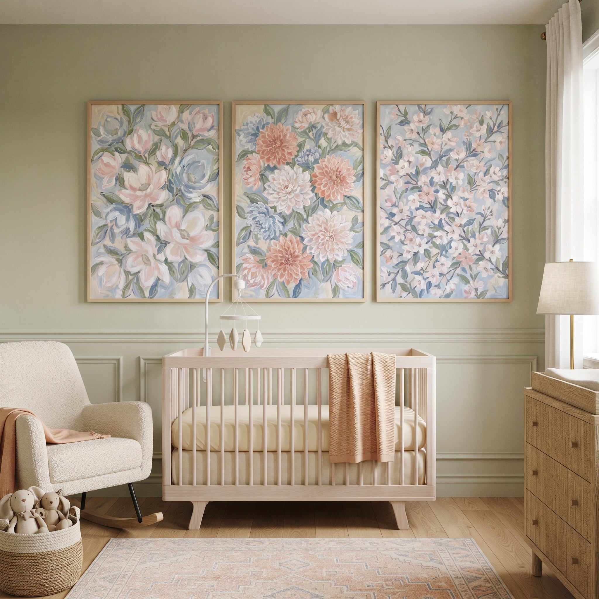 Muted Sage Pastel Floral Wall Art Set of 3 - Soft Bloom Trio