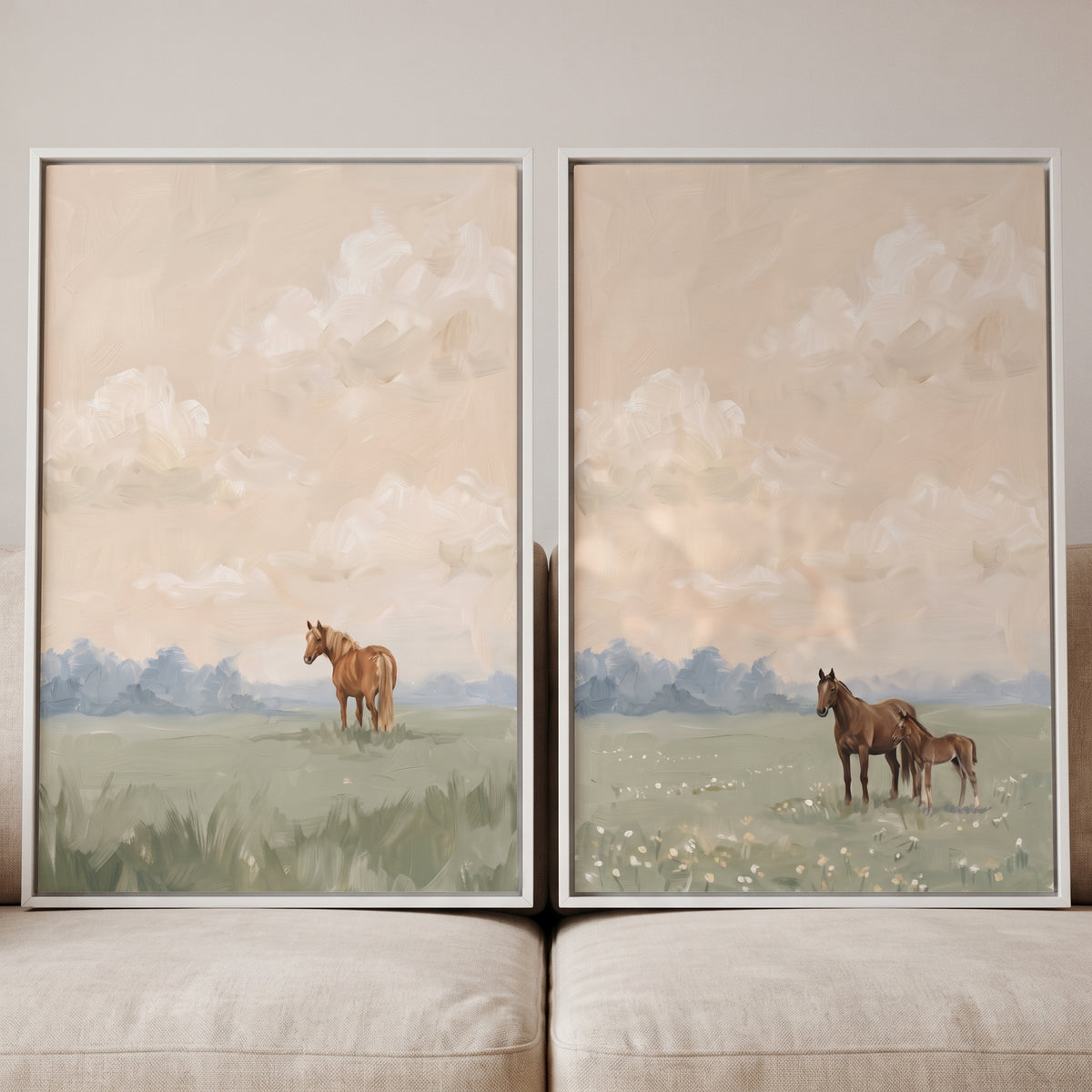 Brown horses stand in hazy fields under a soft sky in this muted sage pasture horse artwork set of 2.