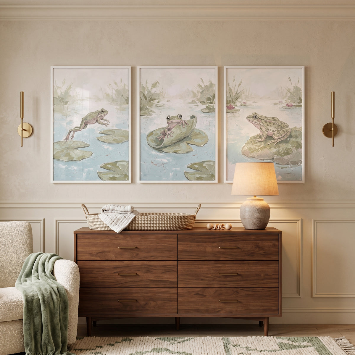 Muted Sage Pond Animals Wall Art Set of 3 - Tranquil Marsh Trio