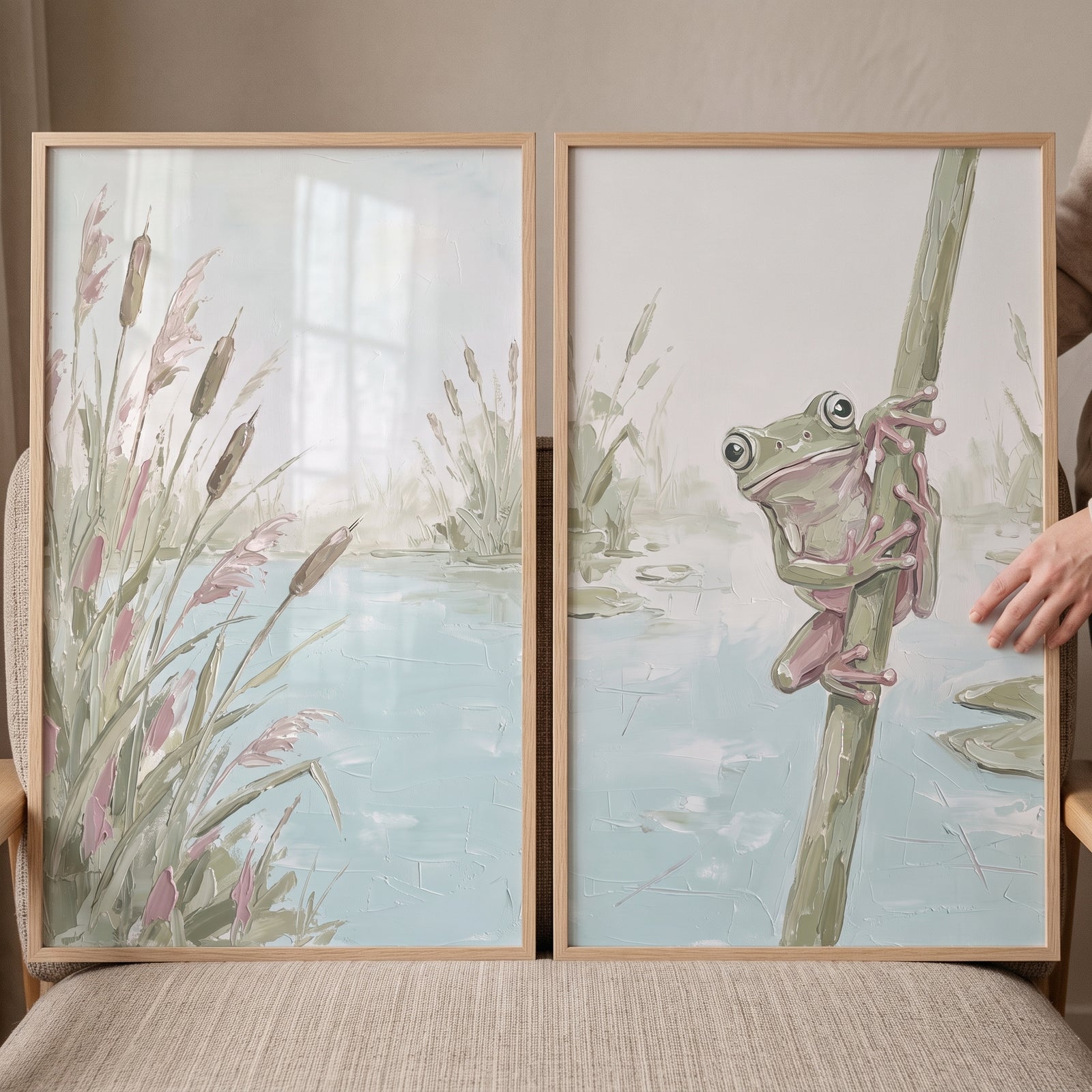 Muted sage pond wall art set of 2 with a green frog on a reed and cattails in soft blue, green, and pink tones.