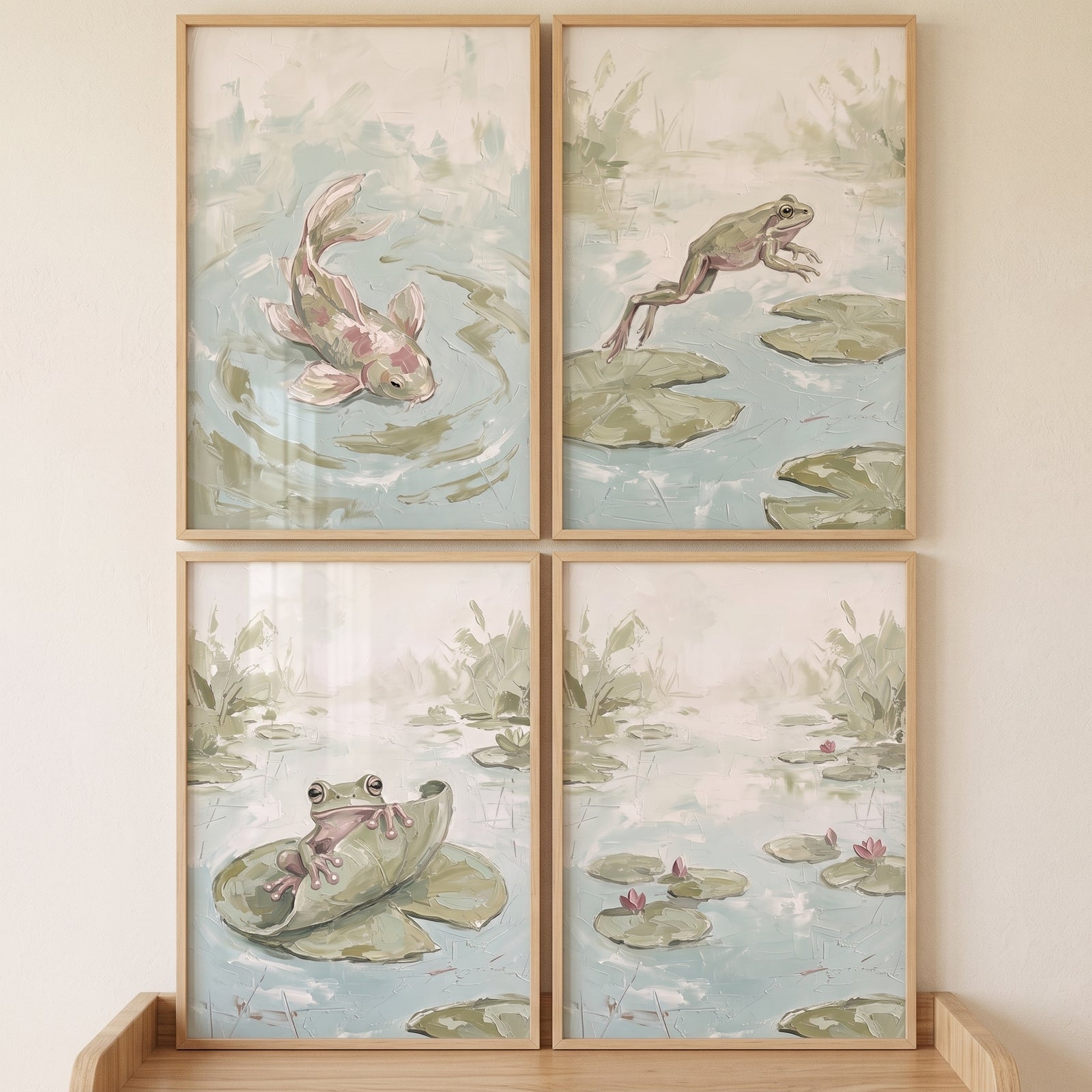 Muted sage pond wall art set of 4 featuring a koi fish, a leaping frog, a frog on a lily pad, and pink water lilies.
