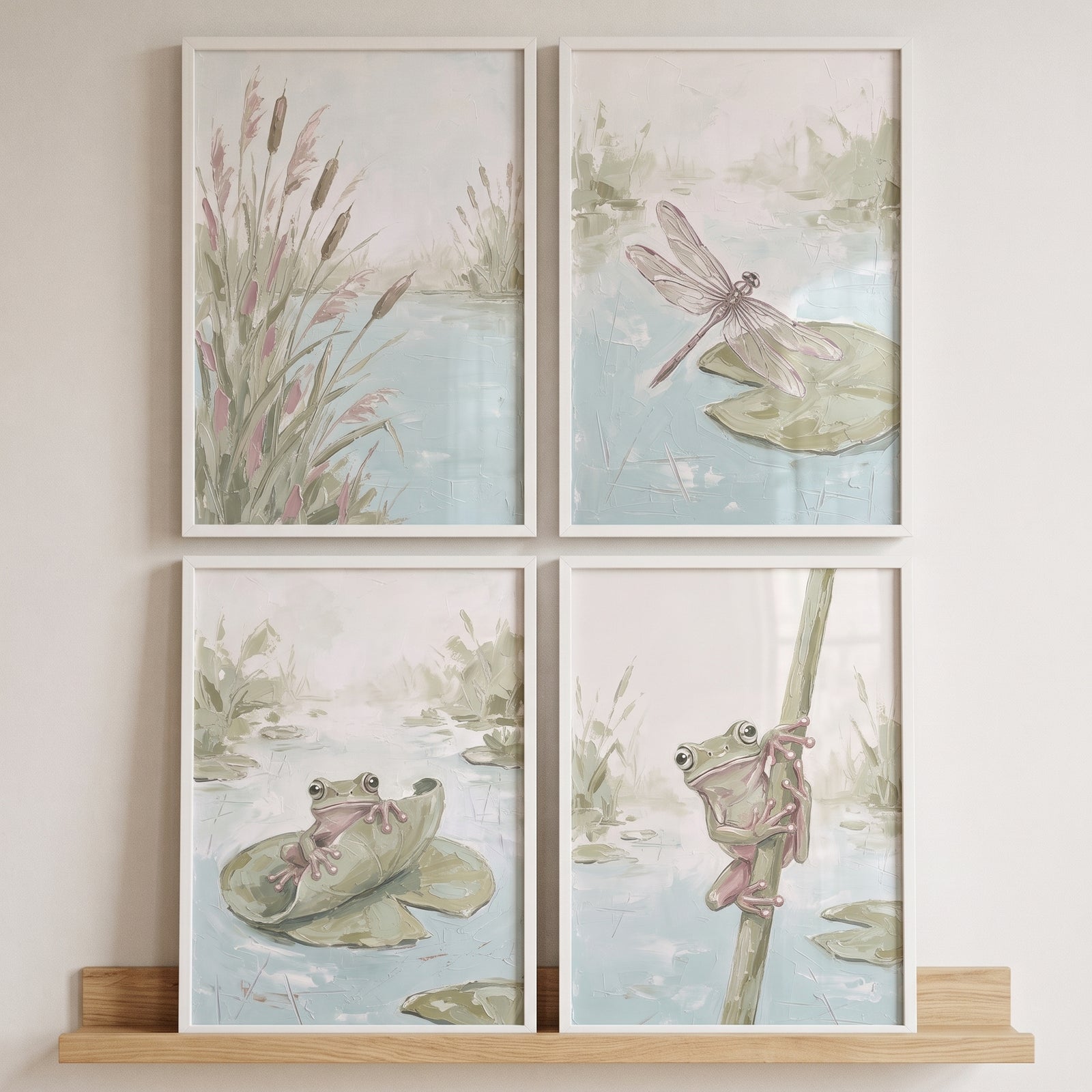 Muted sage pond wall art set of 4 featuring frogs, a dragonfly, and cattails in soft, watercolor-style nature scenes.