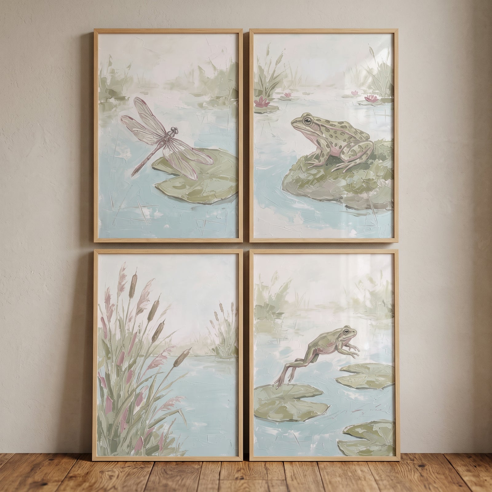 Muted sage pond wall art set of 4 featuring frogs, a dragonfly, and cattails in soft green and blue tones.