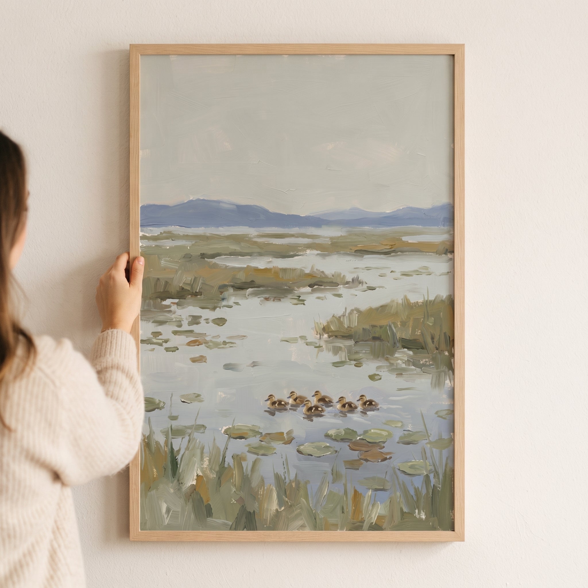 Muted Sage Swimming Duckling Wall Art - Ducklings In Marsh