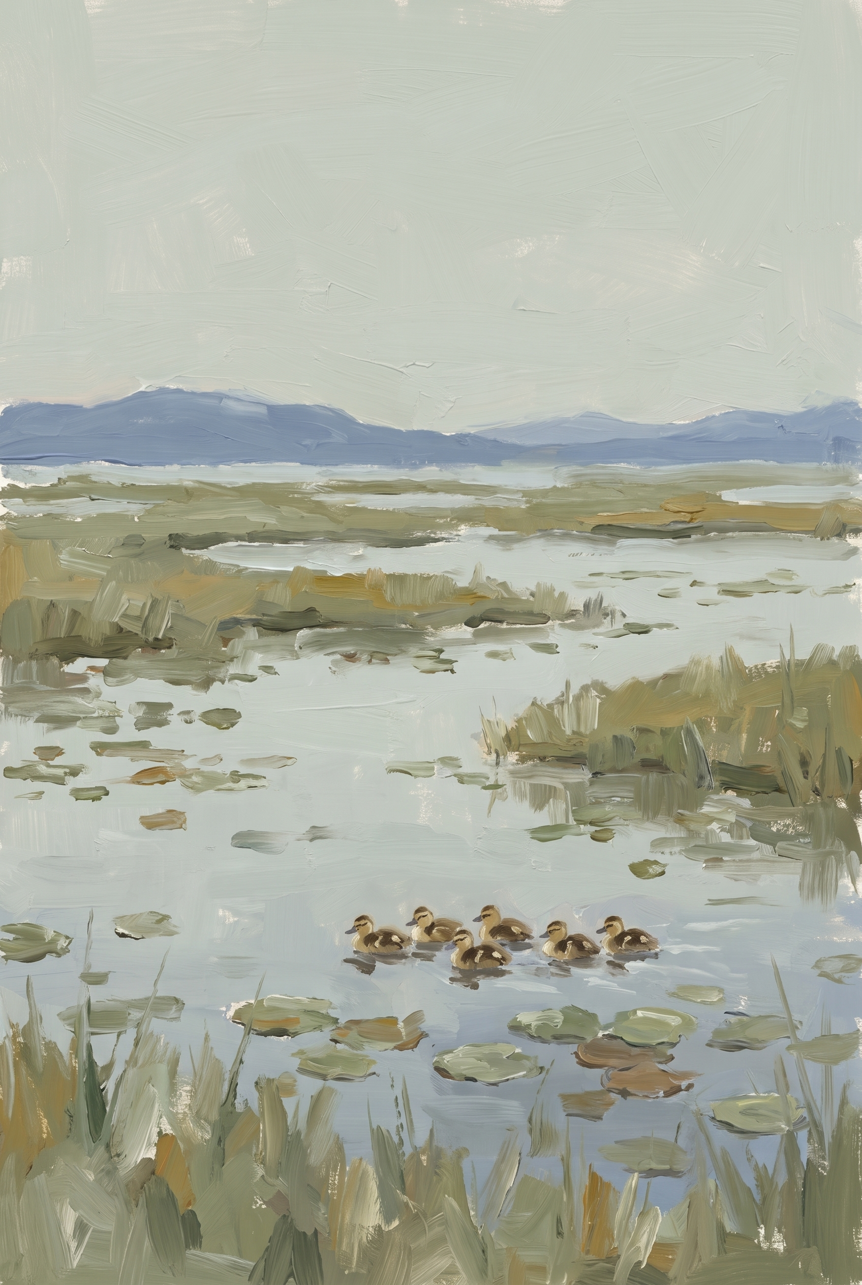 Muted Sage Swimming Duckling Wall Art - Ducklings In Marsh