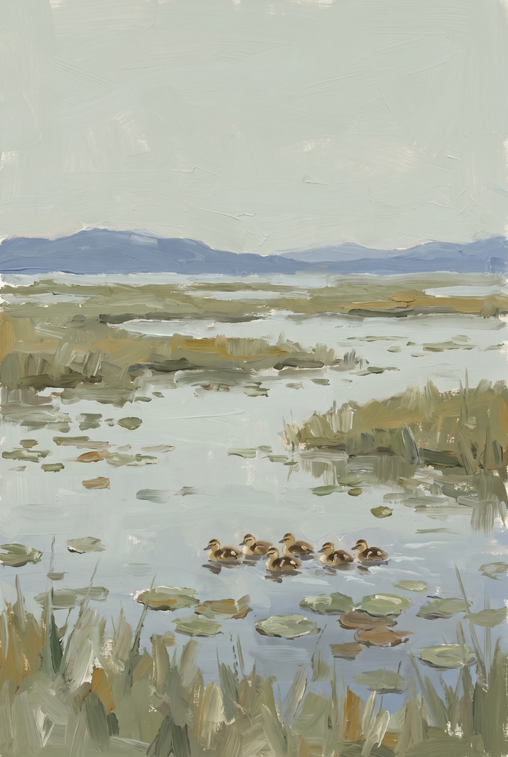 Six ducklings swim in a marshy wetland with lily pads and distant mountains in muted sage swimming duckling wall art.