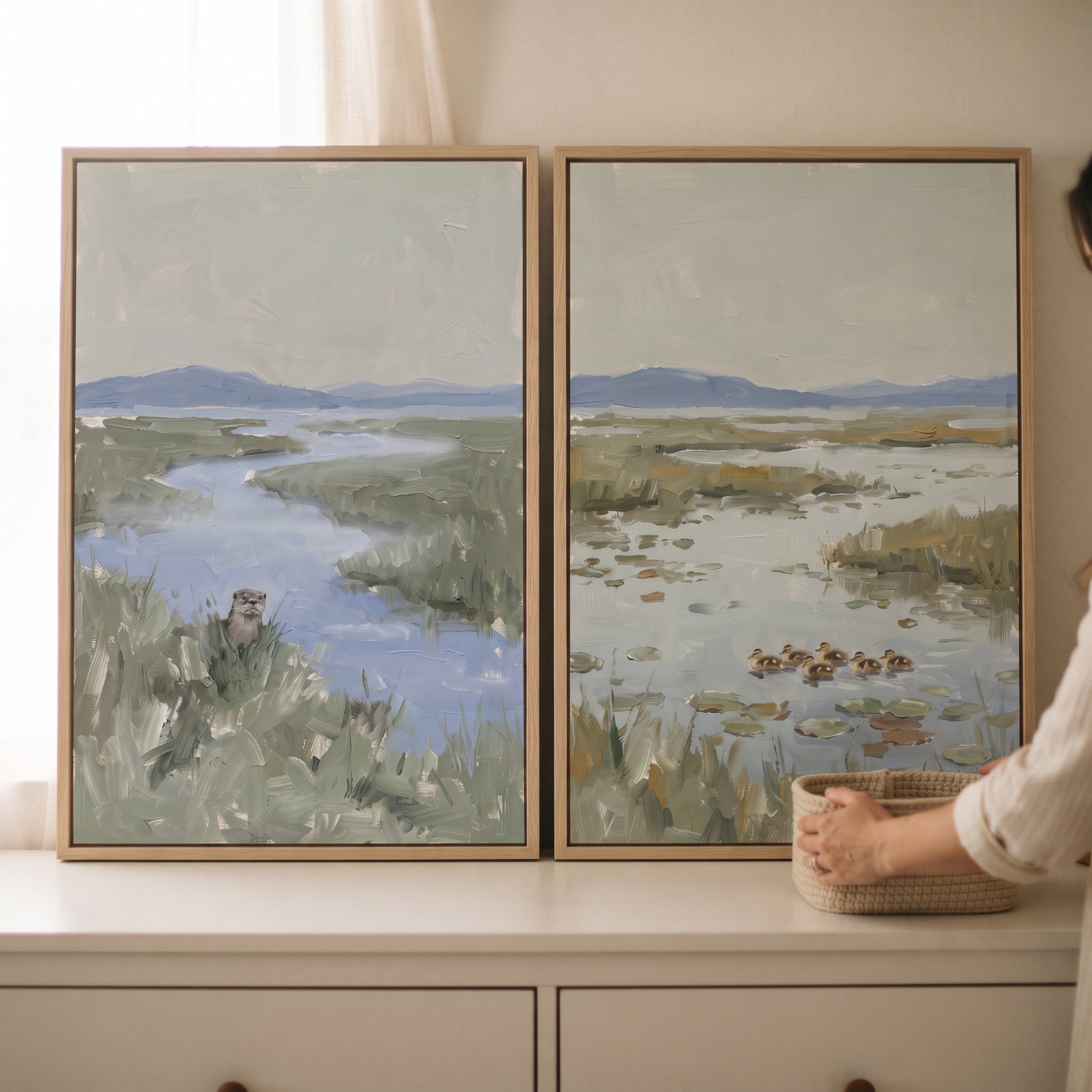 Muted Sage Wetland Animals Wall Art Set of 2 - Serene Marshland Life