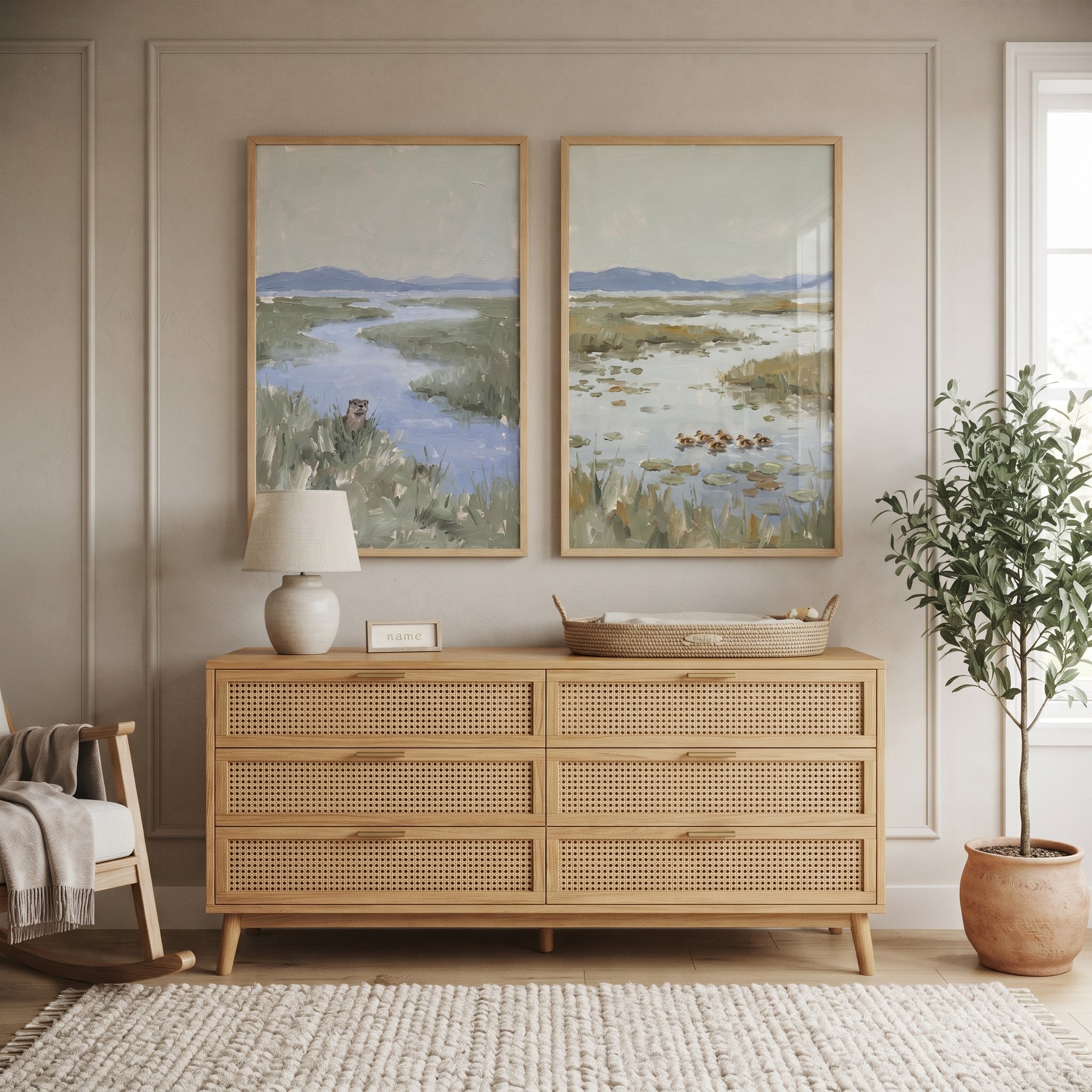 Muted Sage Wetland Animals Wall Art Set of 2 - Serene Marshland Life
