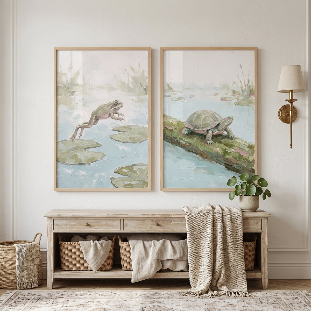 Muted Sage Wetland Animals Wall Art Set Of 2 - Gentle Wetland Story